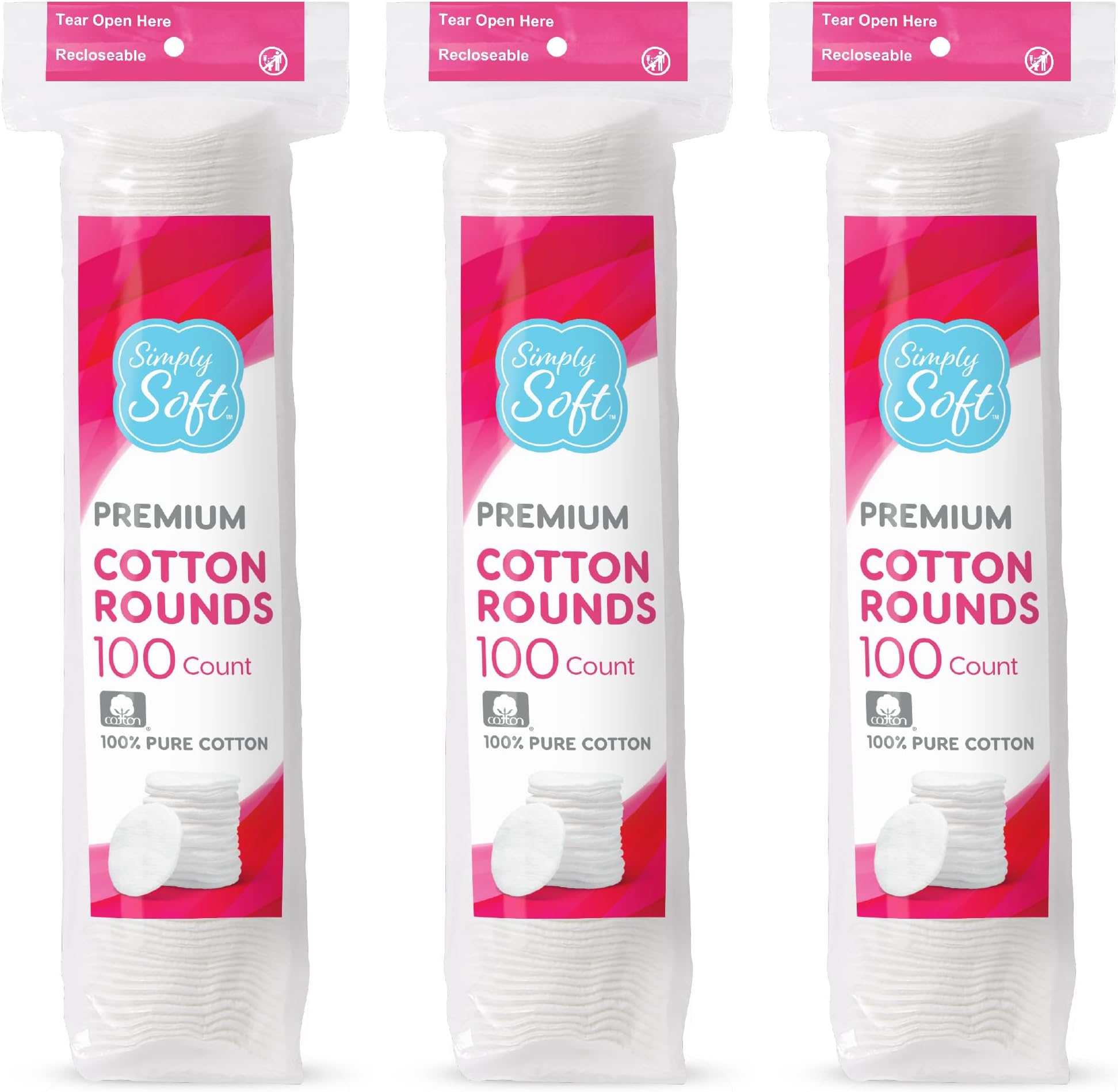 Simply Soft Cotton Rounds (300 Count), 100% Cotton Absorbent and Textured Cotton Pads, Lint-Free