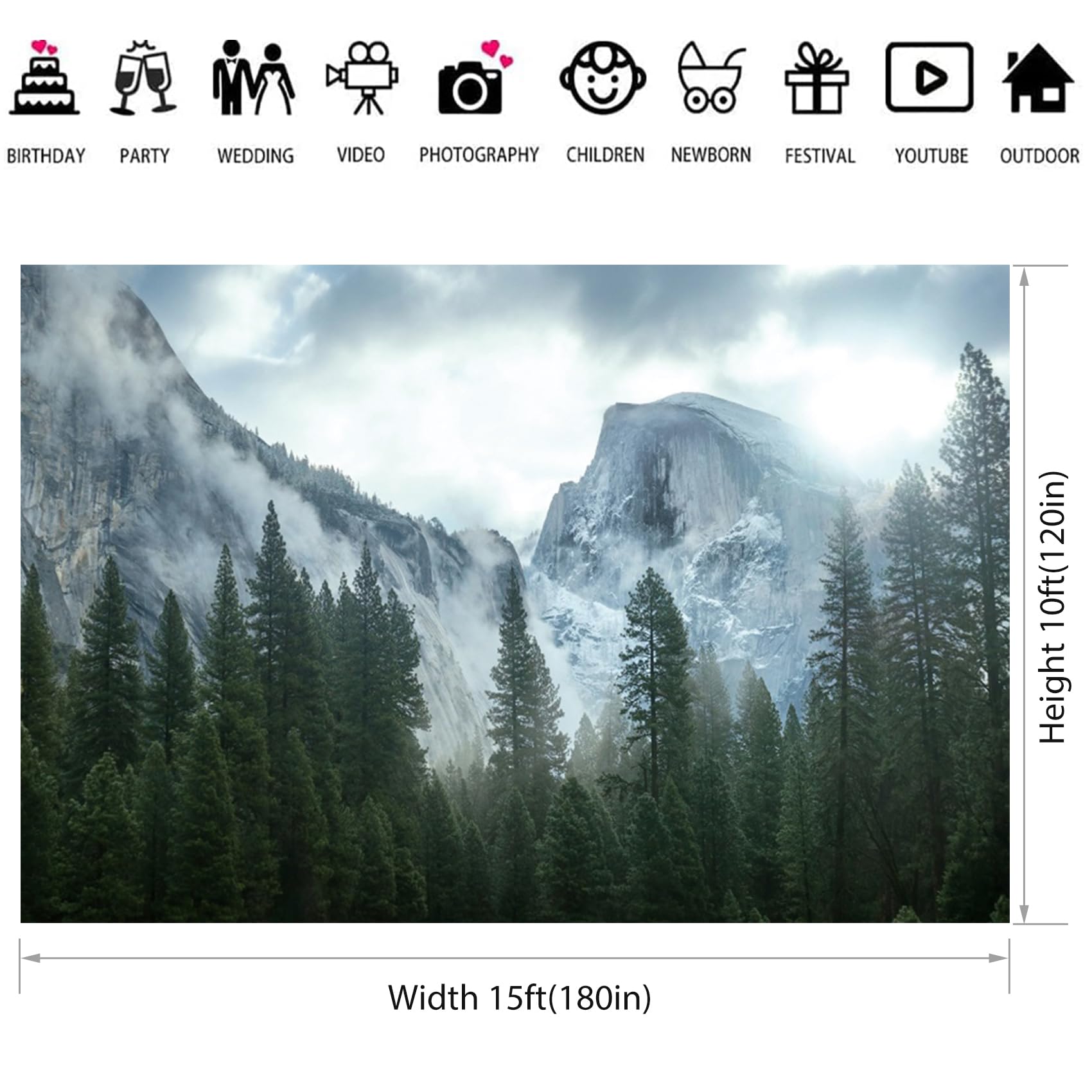 Toile de fond de montagne brumeuse de 4,6 x 3 m - Paysage naturel - Pin - Forêt - Randonnée - Camping - Photographie - Paysage brumeux - Pour voyage, aventure, fête - Bannière d'accessoires