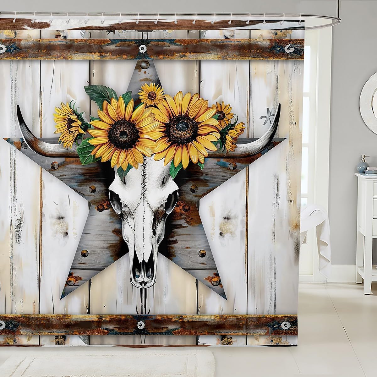 Feelyou Texas Star Bath Curtain for Girls Boys Cowboy Horseshoe Bathroom Shower Curtain Set Rustic Wood Grain Decorative Bath Curtain Cabin Lodge Kids Bathroom Accessories 72"x84"