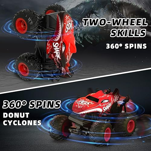 Miniatura 10 de Monster Truck Toys, 2.4Ghz RC Monster Trucks para niños, 120 dinosaurio RC coches con luz y música, camión de control remoto con acrobacia, giro de