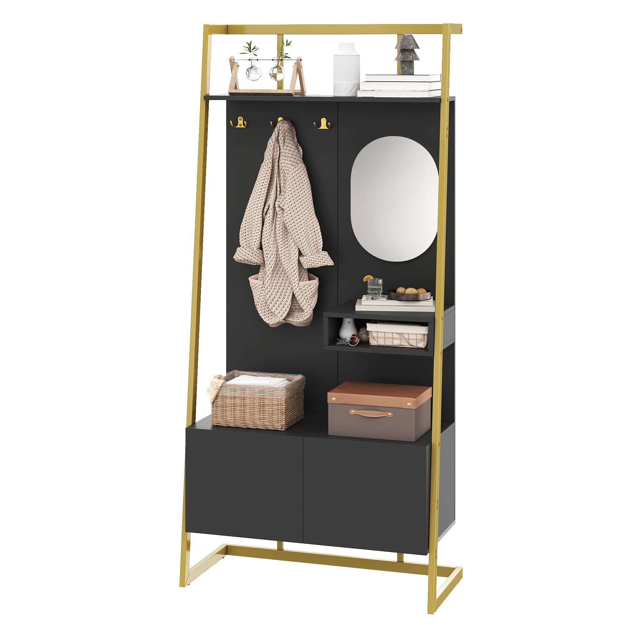 Moderno guardaroba compatto 80 x 180 cm, armadio aperto con specchio, gancio in metallo, con scarpiera, appendiabiti, nero