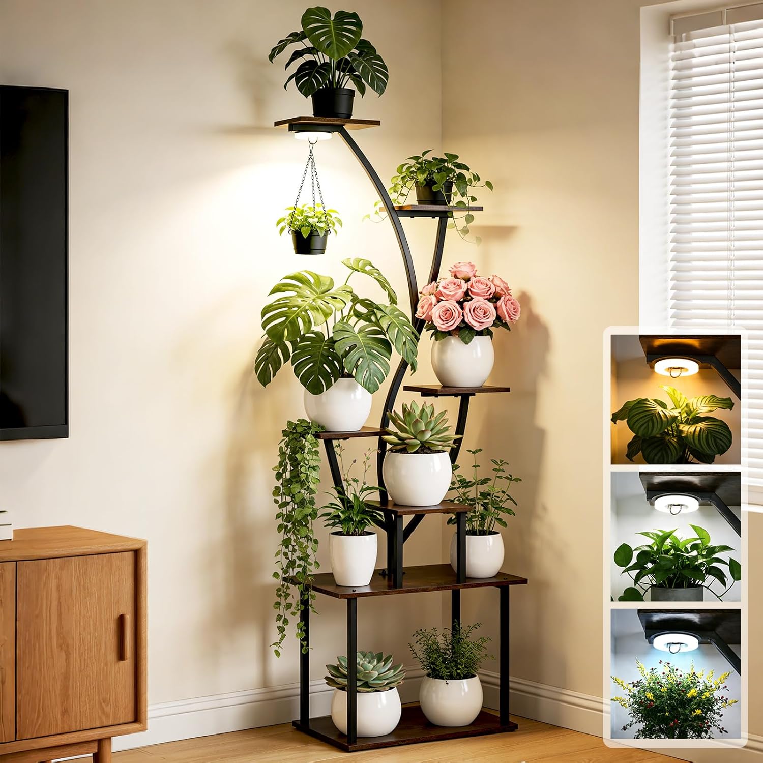 Cypherx Plant Stand Indoor with Grow Lights - 63" Tall Metal Corner Shelf for Indoor Plants, 7 Tiered Corner Plant Stand for Multiple Plants, Tree-Shaped Plant Rack for Home, Living Room, Office & Patio Decor