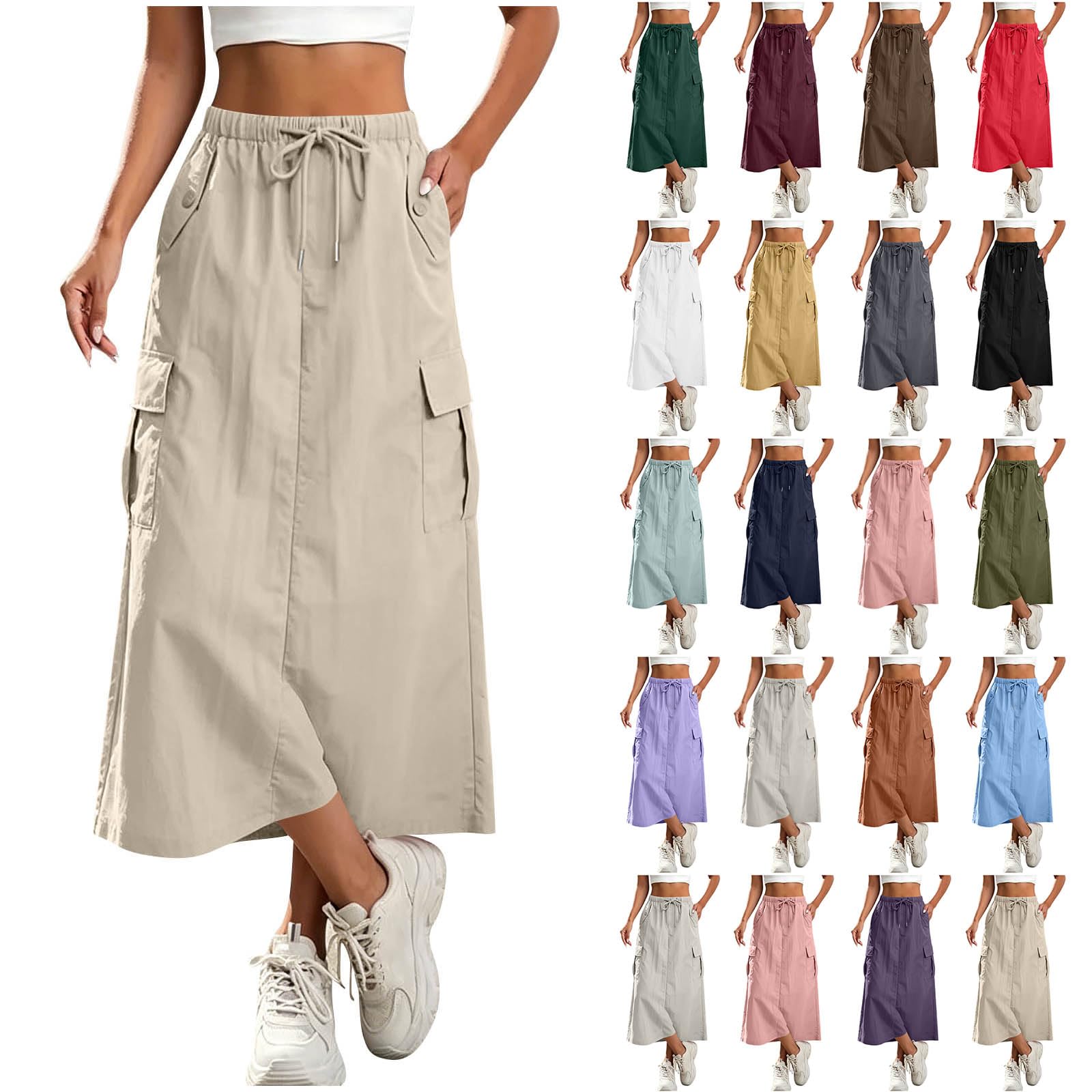 Langer Rock Damen Sommerrock Midirock Elegant Lang Cargo Rock mit Schlitz Hinten Wanderrock Sommer Cargorock Einfarbiges Lässig Sportrock mit Elastische Taille und Kordelzug Freizeitrock