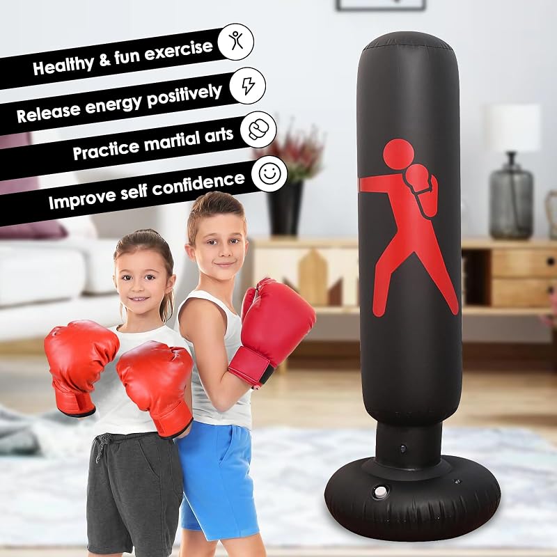 Oziral Gyerek Boxzsák 160 cm Felfújható Álló Edzőzsák Légpumpával és Kesztyűvel Karate Kickbox Edzéshez Fekete PVC