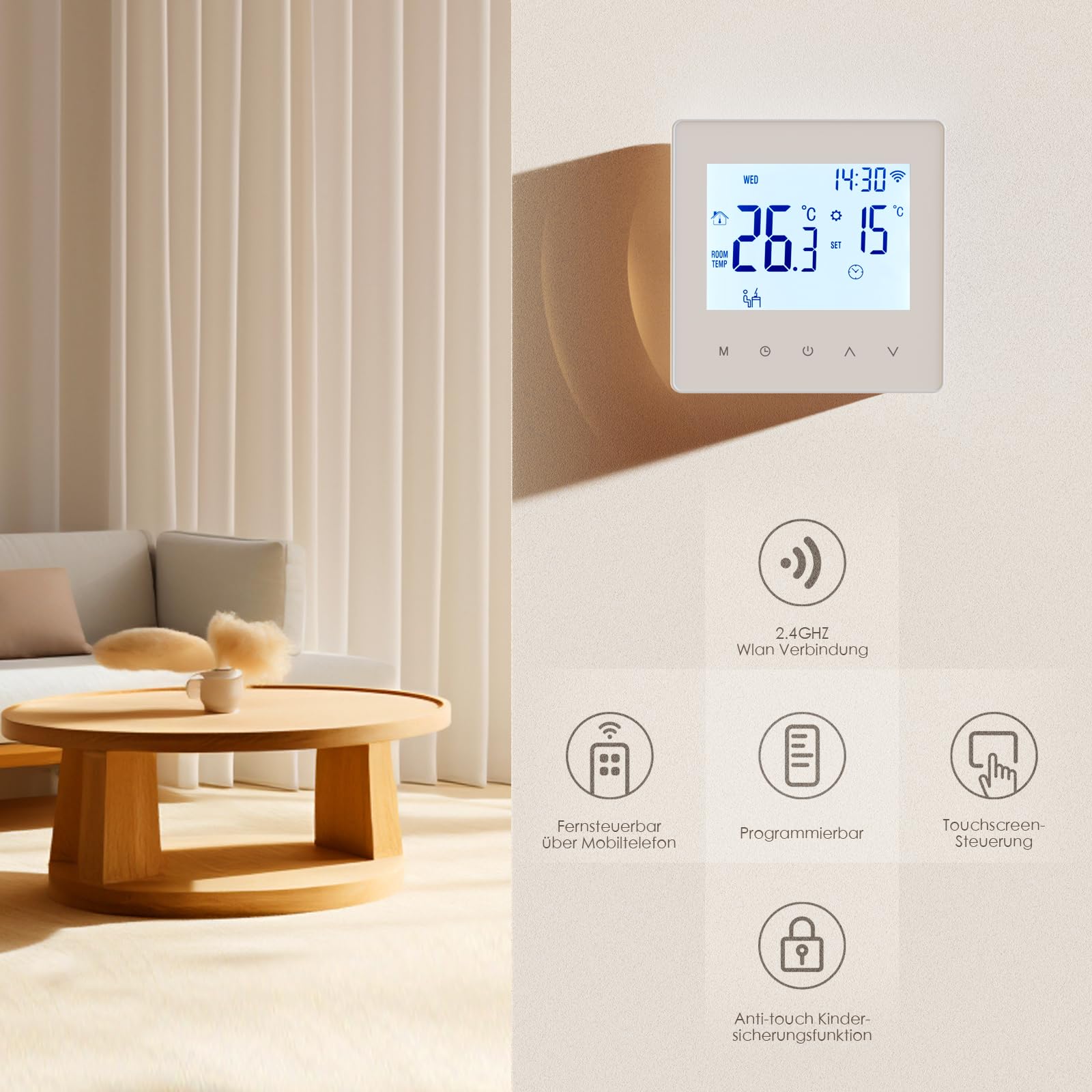 Decdeal WLAN Thermostat Raumthermostat für Wasser Fussbodenheizung,Programmierbar 230v LCD 3A Mit der App Tuya (weiß)