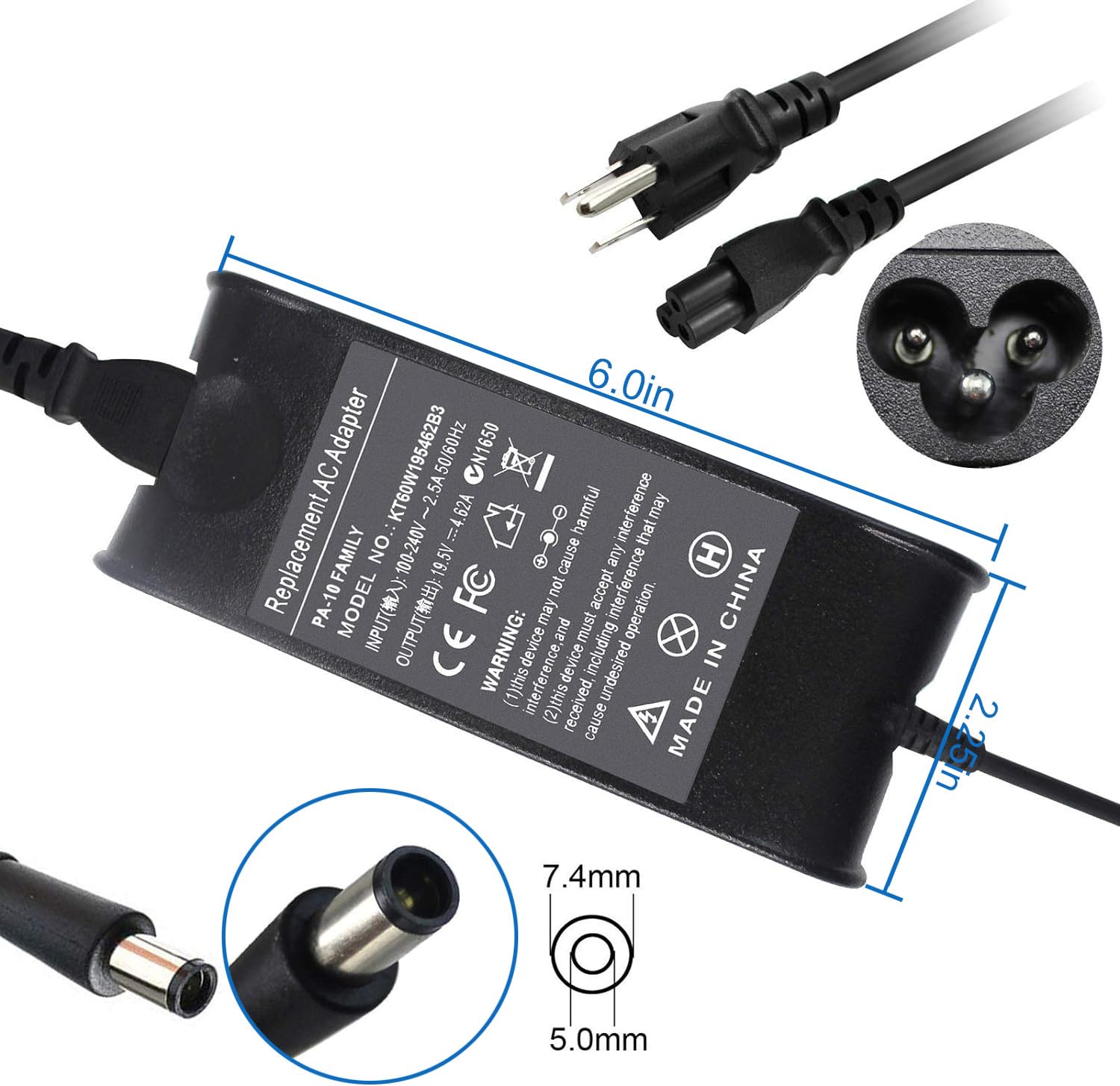 90W AC Adapter Charger for Dell Studio 1440 1555 1558 1569 1640 1645 1737 1747 1745 1749 Inspiron 14 15 17 14R 15R 17R 8500 8600 1520 1525 1570 1564 1750 1545 3543 3537 5720 7537 FA90PE1-00 PA-3E