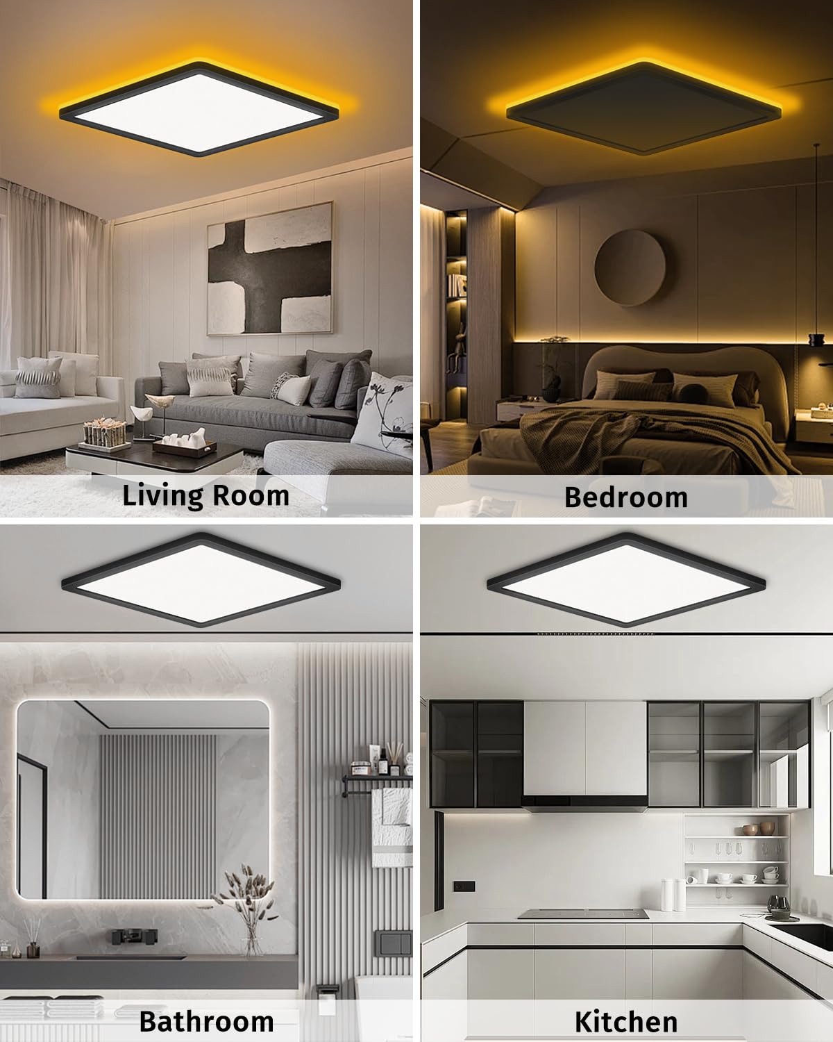 Bowfar Plafonnier LED, 24W 3200LM Carré Lampe de Salle de Bain avec télécommande, intensité 3000K-6500K, veilleuse 1800K Ambre, Plafonnier pour cuisine couloir chambre à coucher, Ø29,5 x 2,5cm-noir