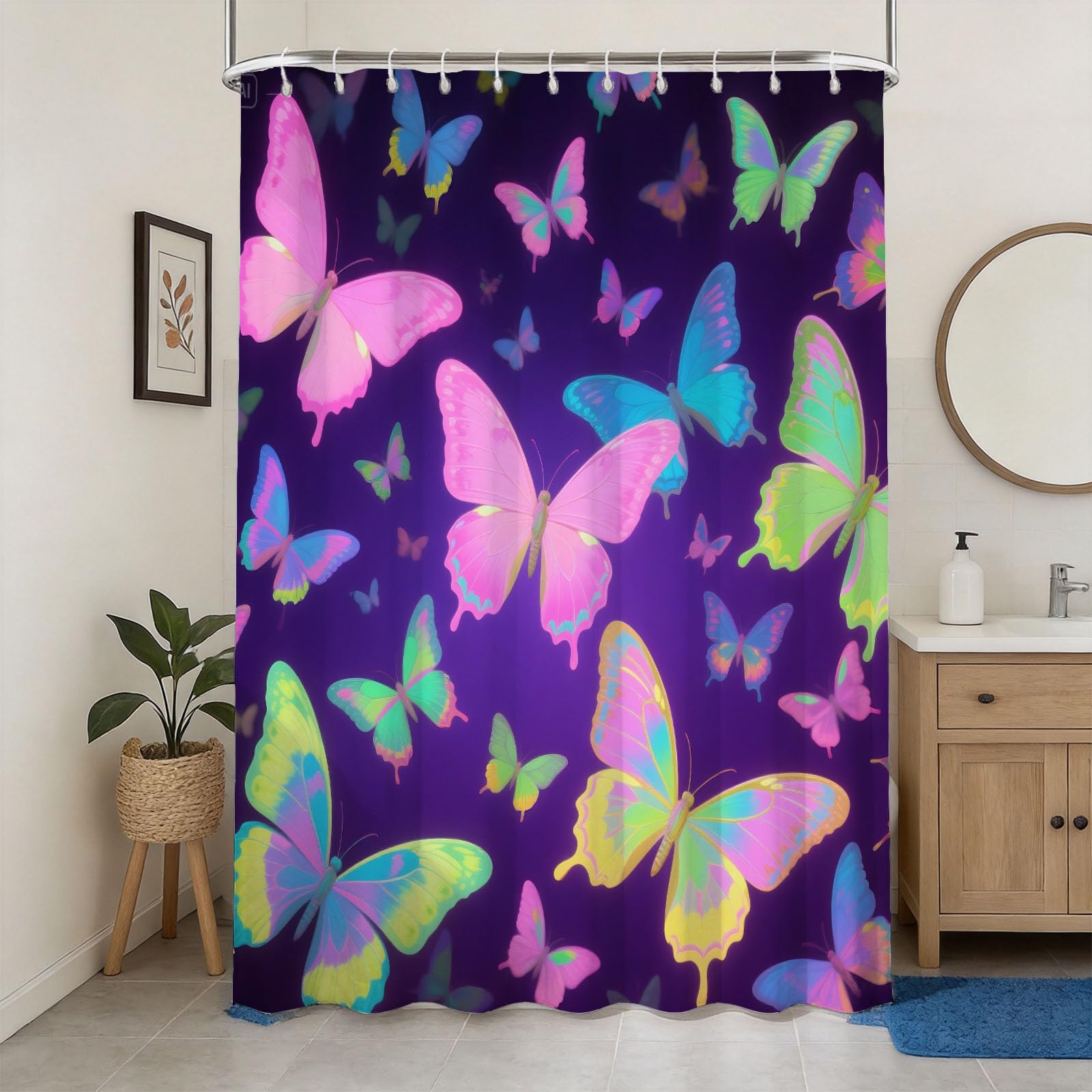 Hongduo 3D Neon Butterfly Shower Curtain for Stalls Bathtubs Gradient Colors Bathroom Decor Shower Curtain Set Polyester Fabric Waterproof 180x200cm/71X79 Inch with Hooks
