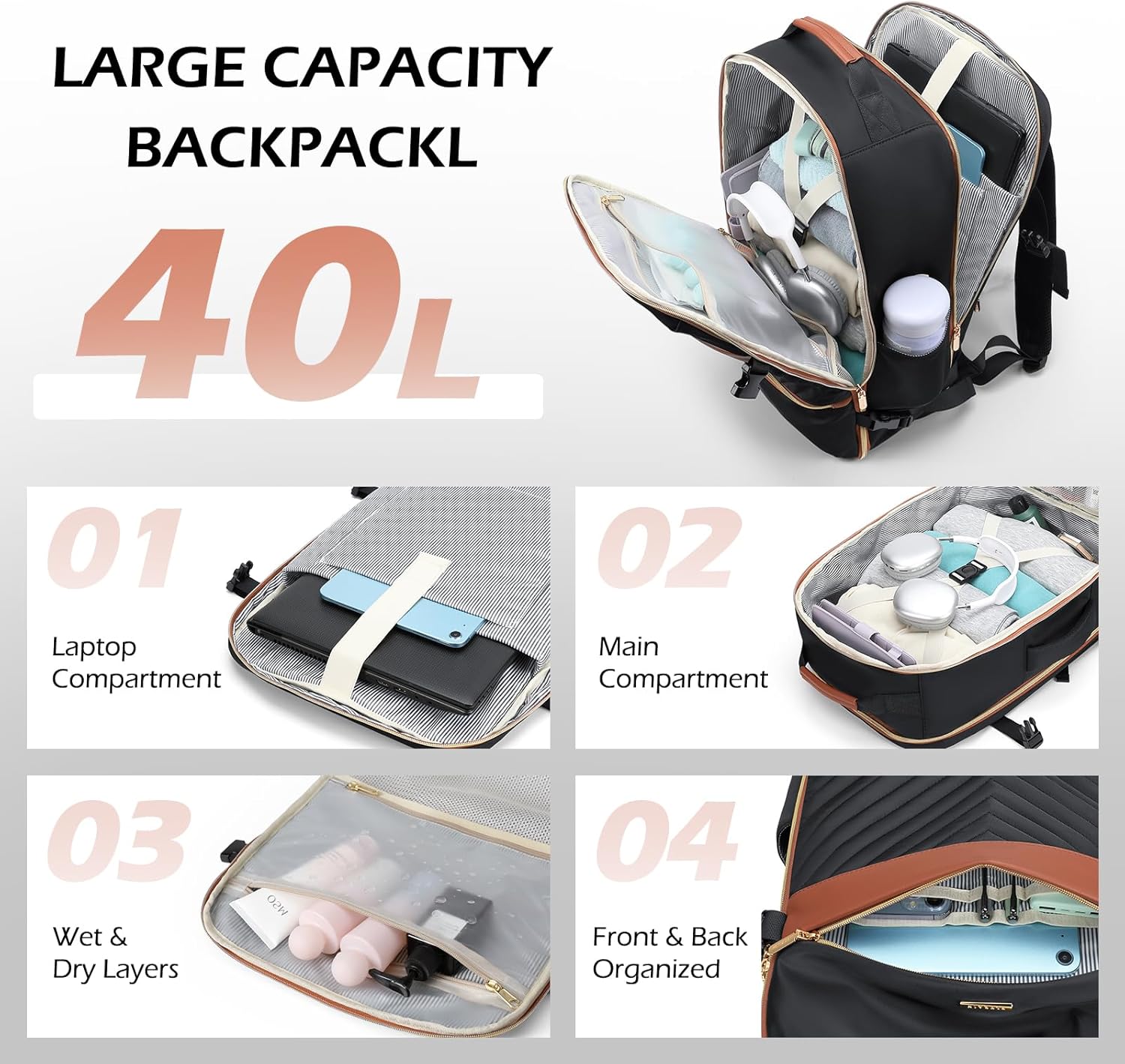 Travel Backpack for Women Men 40L Large Carry On Backpack,Flight Approved Personal Item Bag Carry On Luggage, Casual Daypack for Weekender Fits 17" Laptop - Image 3