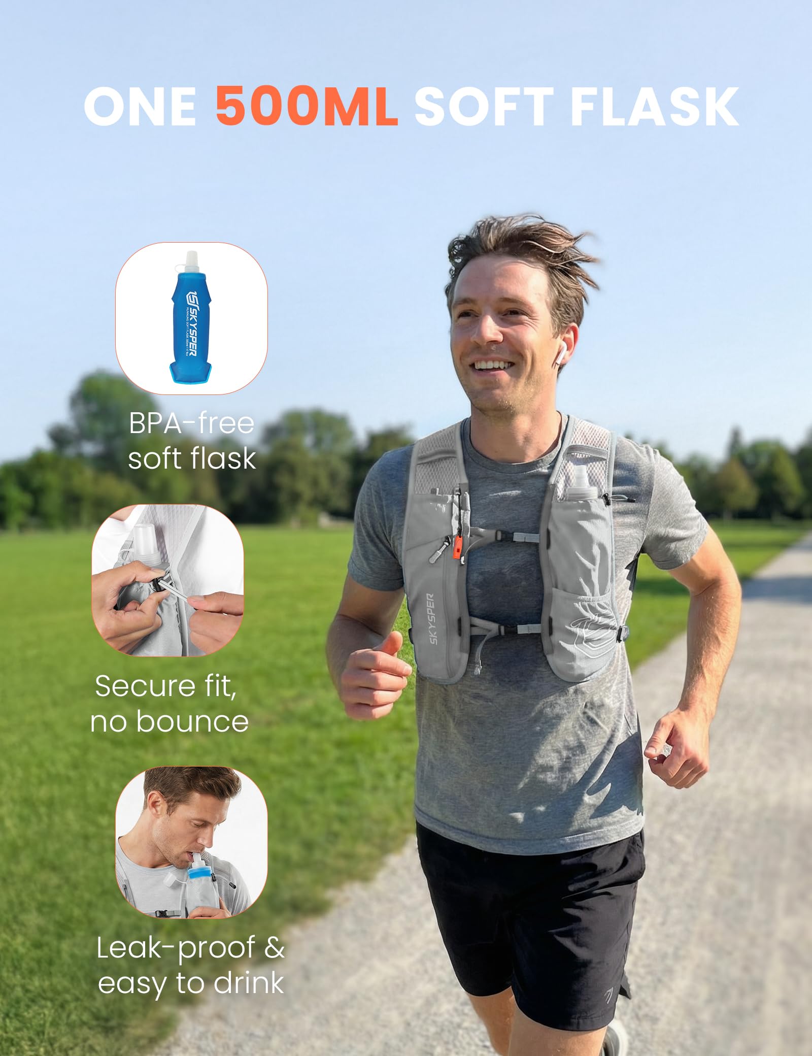 SKYSPER Kamizelka do biegania szlakowego 12 l z butelką 500 ml torba nawilżająca kurtka do biegania odblaskowa oddychająca kieszeń na telefon Mężczyzna Kobieta Maraton Jogging