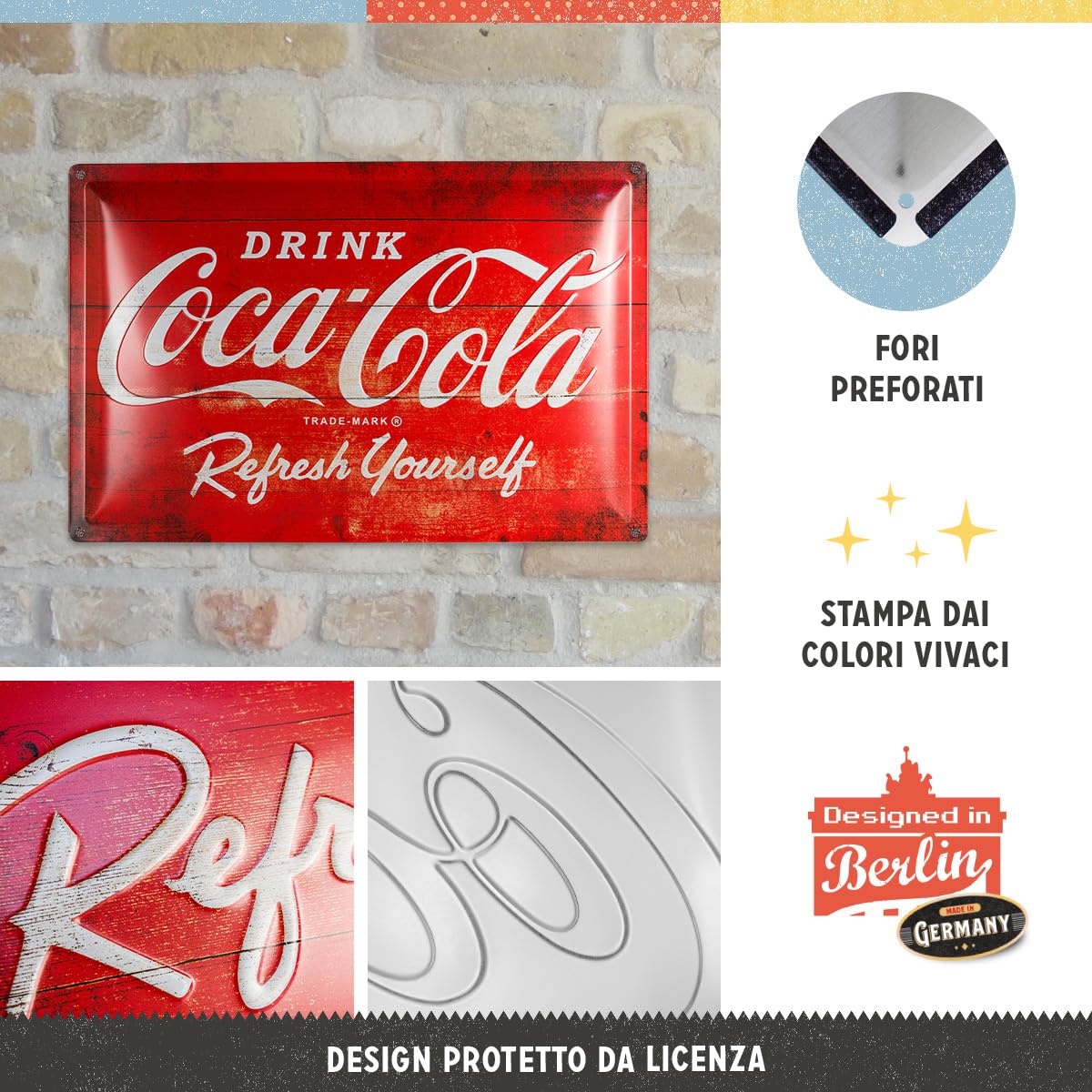 Nostalgic-Art Targa retrò, 40 x 60 cm, Coca-Cola – Logo Red Refresh Yourself – Idee regalo per amanti della Coca-Cola, Official License Product (OLP), in metallo, design vintage