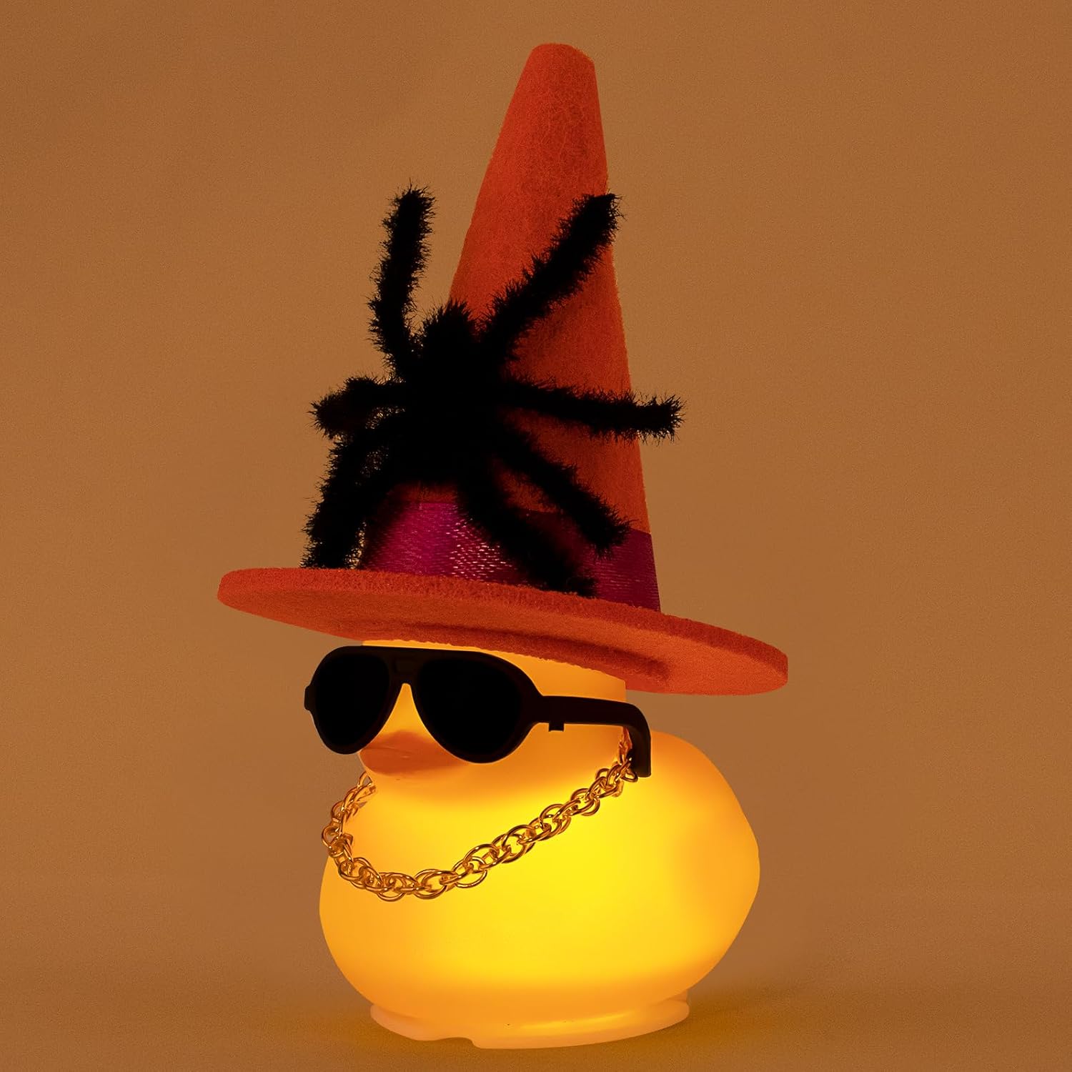 wonuu Scary Spider Rubber Duck with Light for Halloween Decoration Car Ornament Home Decor Mini Ducky All Saints Day Cosplay Ducks with Sunglasses Necklace, Assemble Needed, Orange Purplek Hat