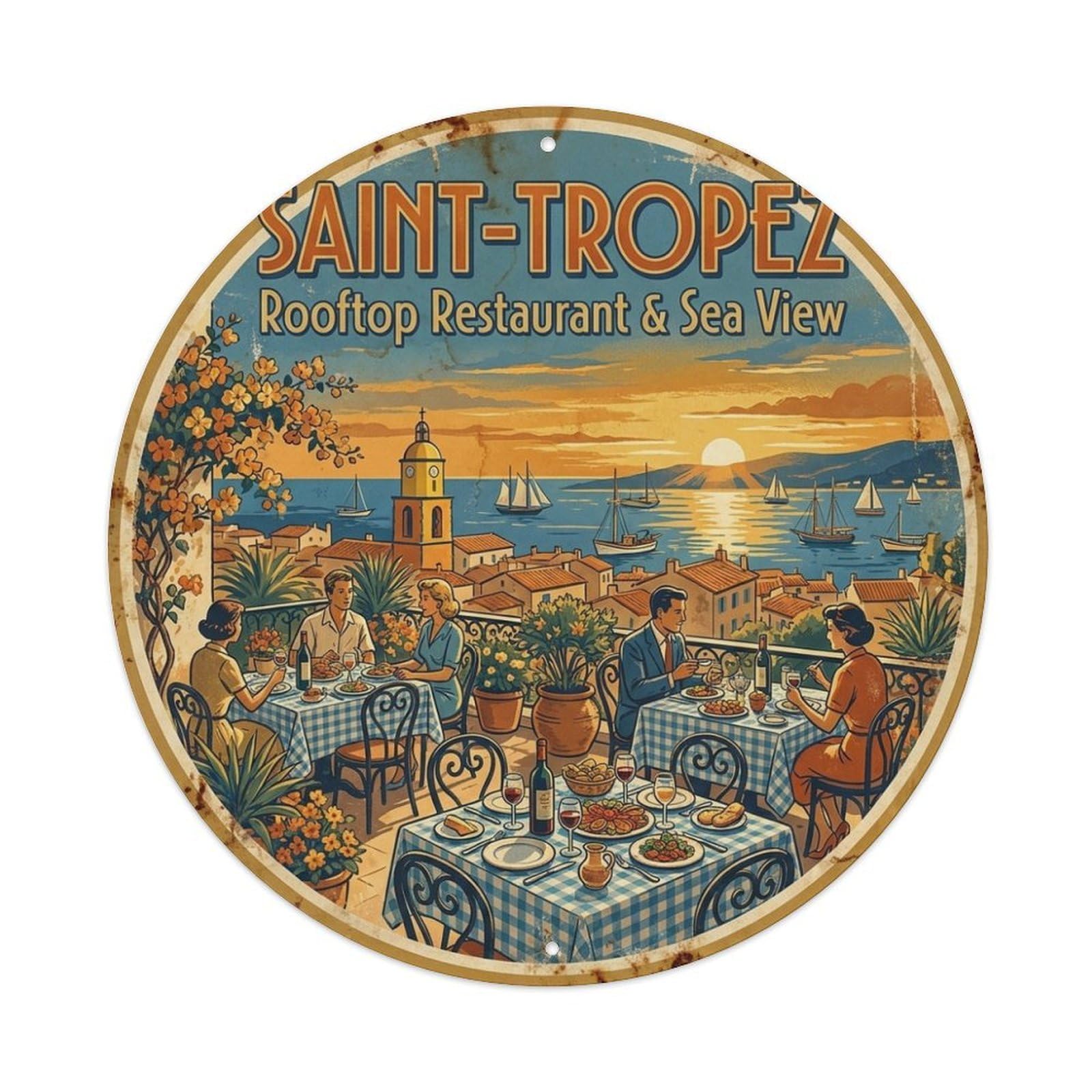 France Saint Tropez Rooftop Restaurant Sea View Travel Metal Tin Sign