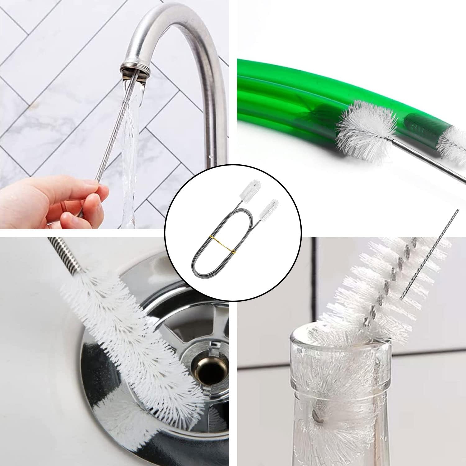 Spazzole flessibili per la pulizia del tubo di alimentazione, in acciaio inox, con doppia testina rotante in nylon e setole sottili per tubi di scarico e tubi flessibili