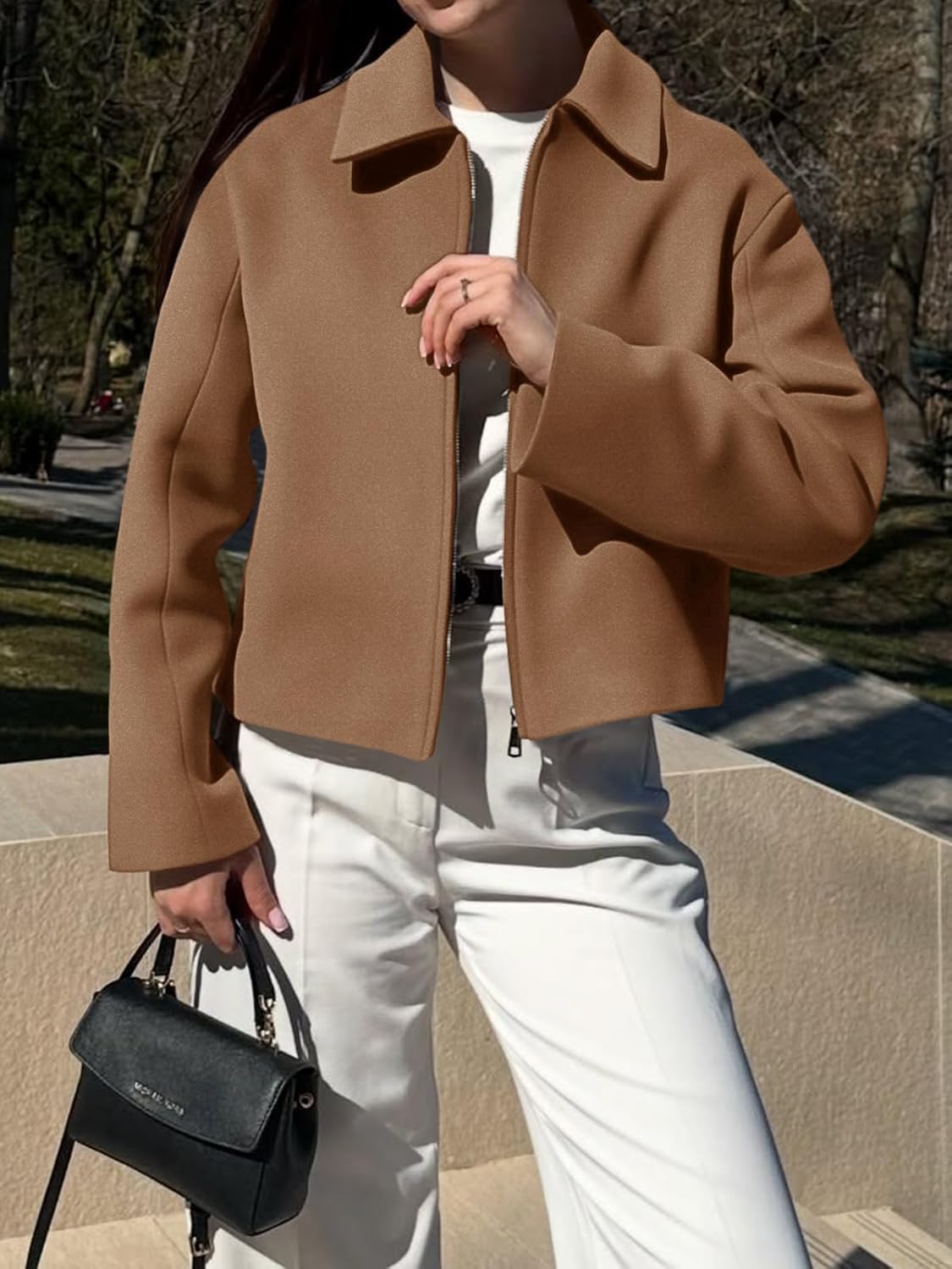 Yousify Womens Cropped Pea Coats Zip Up Short Casual Bomber Wool Blend Jackets Barn Fall Outerwear with Pockets - Image 5