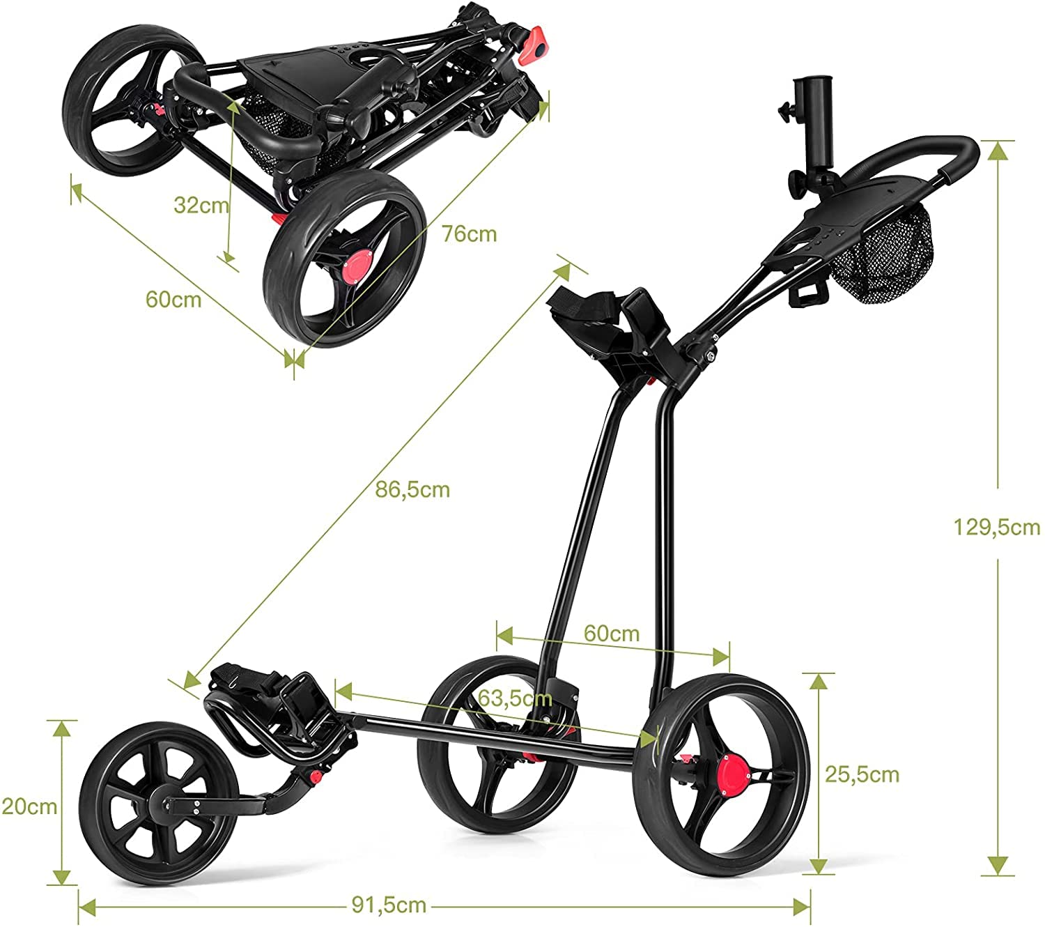 RELAX4LIFE Carrito de Golf Plegable en Marco de Hierro con 3 Ruedas y Frenos, Carro de Golf con Soporte para Teléfono, Titular de Paraguas y Asa Ajustable en Altura y Ángulo, 91,5x60x129,5cm, Negro