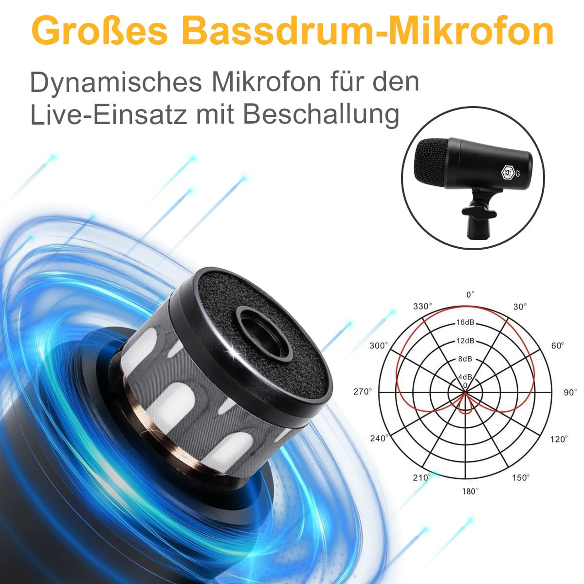 W IN-MIX G7 7-teiliges kabelgebundenes dynamisches Schlagzeug-Mikrofon-Set (Ganzmetall) - Kick-Bass, Tom/Snare und Becken-Mikrofon für Schlagzeug, Gesang, andere Instrumente komplett mit Gewindeclip