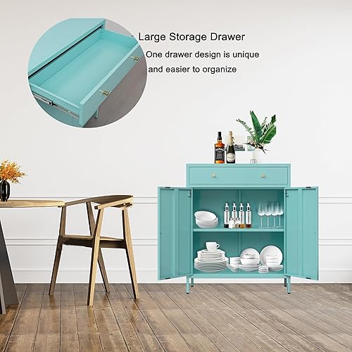 Miniatura 5 de CMY Aparador de buffet, gabinete de almacenamiento de metal con cajón y puertas, gabinete de oficina en casa con estante ajustable y niveladores de