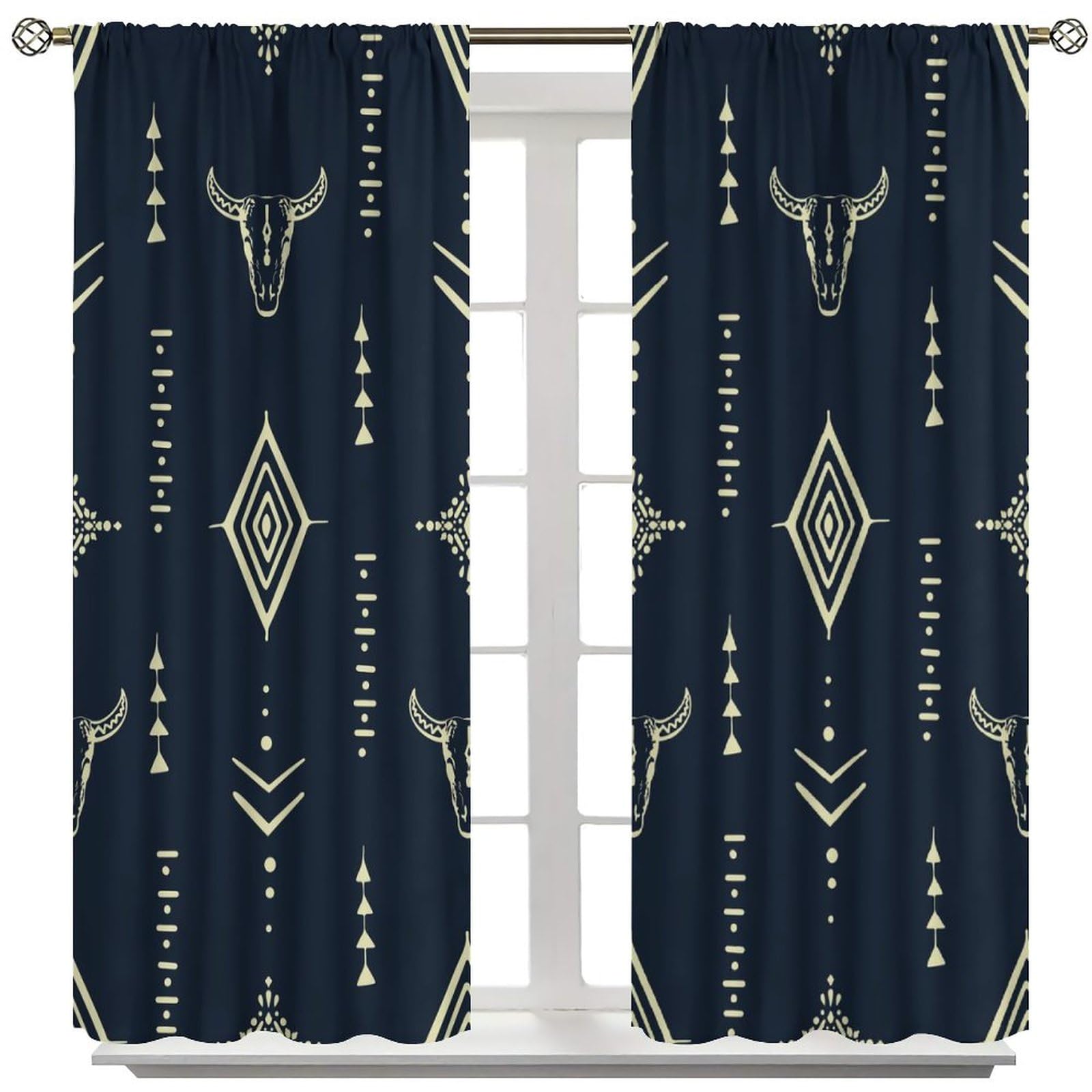 Cortinas aztecas opacas para dormitorio, diseño tribal occidental de calavera de toro nativo, tribal, bohemio, patrón azteca, cortinas de ventana para sala de estar, 42 x 45 pulgadas