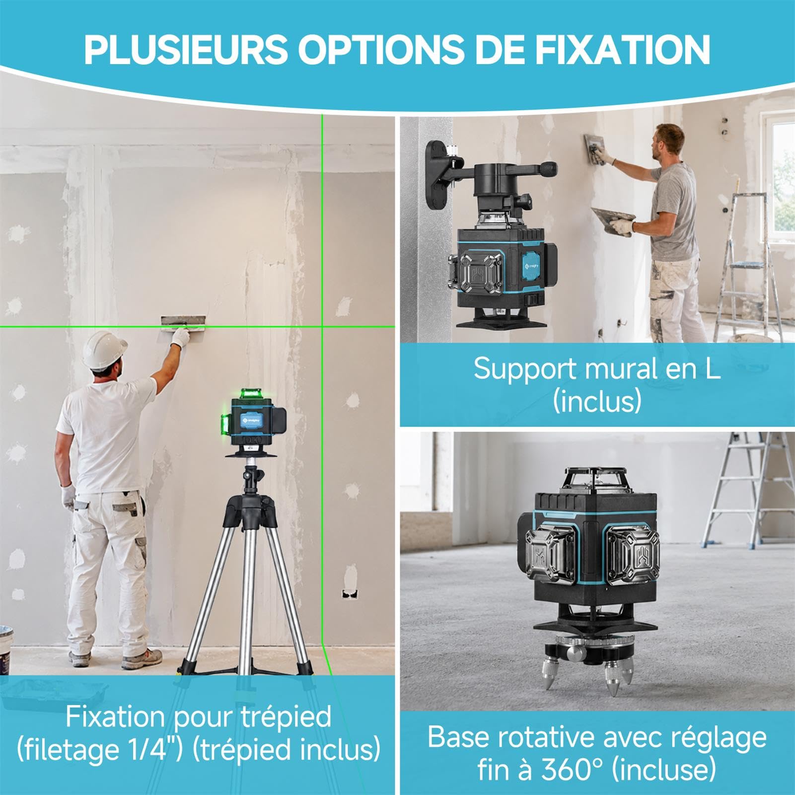 Niveau Laser avec Trepied, 4 x 360 ° Autonivelant Niveaux Laser Chantier 4D 16 Lignes Vert Laser Rotatif Professionnel Laser Level en Croix avec 1.5 M Trépied, Rechargeable Batterie 6000mAh