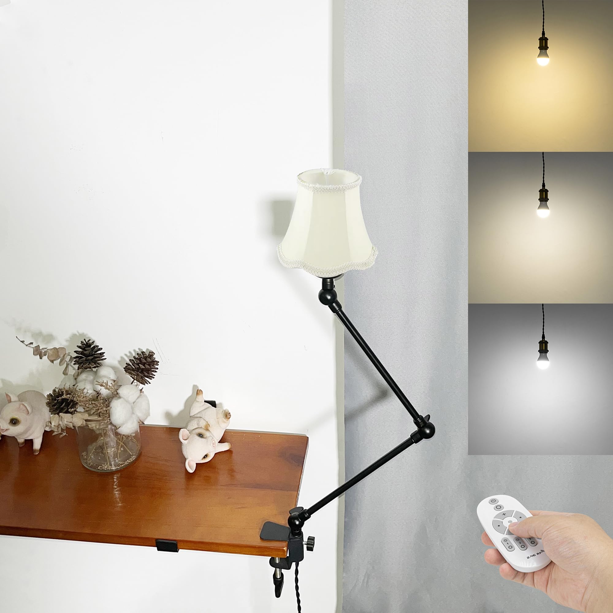 Klemmleuchte mit Fernsteuerung,1 Packung Leselampe mit 2,5 m Kabel, Dimmbar Nachttischlampe,Augenpflege Schreibtischlampe für Büro Heimgebrauch, E27 Lampenhalterung - DZ0332/3