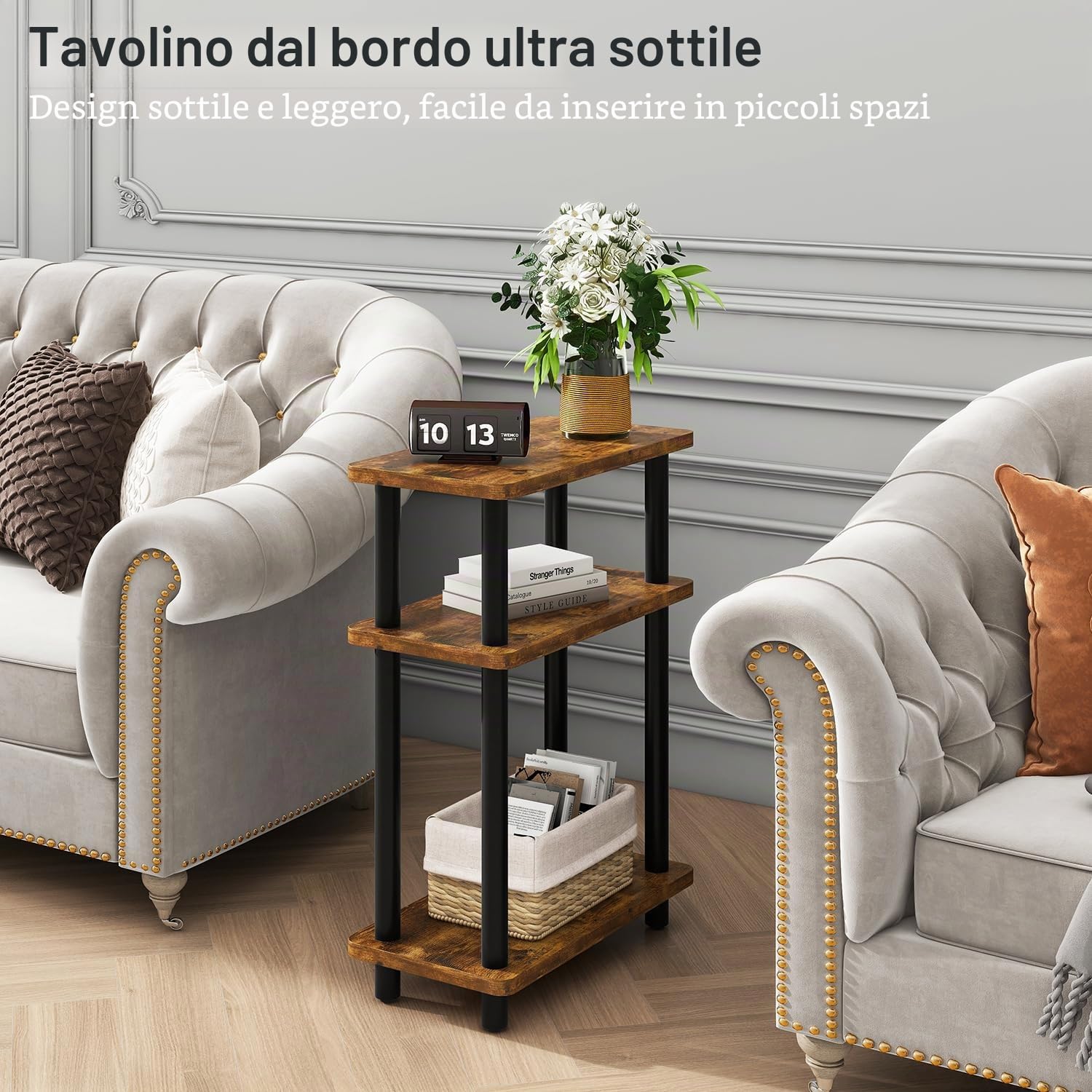 IBUYKE Tavolino da Salotto con 3 Ripiani,Tavolino Divano,Marrone WST009H | 40 x 18 x 62.5 cm,Comodino Sottile per Soggiorno,Camera da Letto, Ufficio, Montaggio Senza Attrezzi