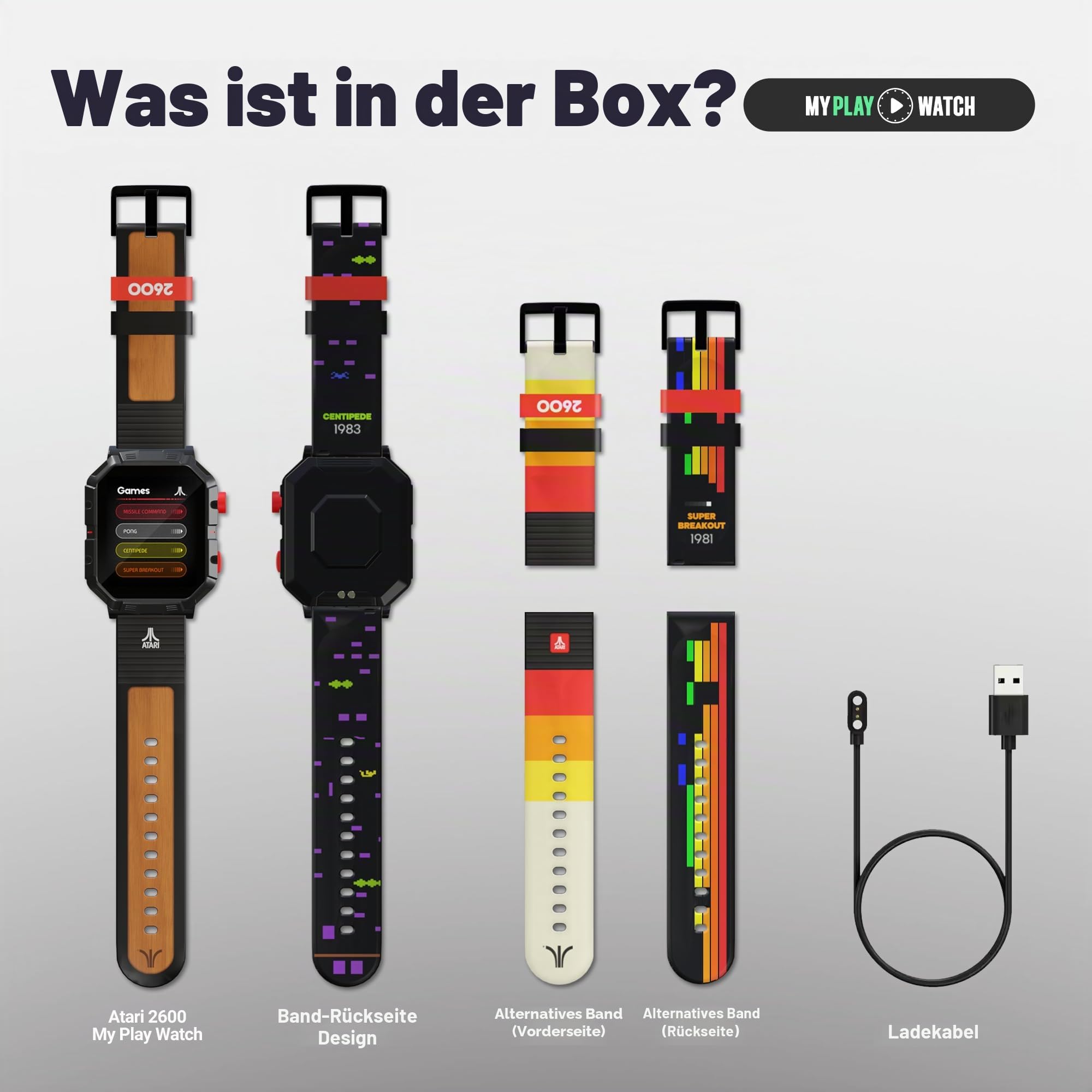 Atari 2600 My Play Watch – Retro-Gaming-Smartwatch mit selektiver Technologie, Nicht verbunden, integriertem Tausendfüßler, Pong, Missile Command, Super-Breakout, Fitness-Tracker, IP68