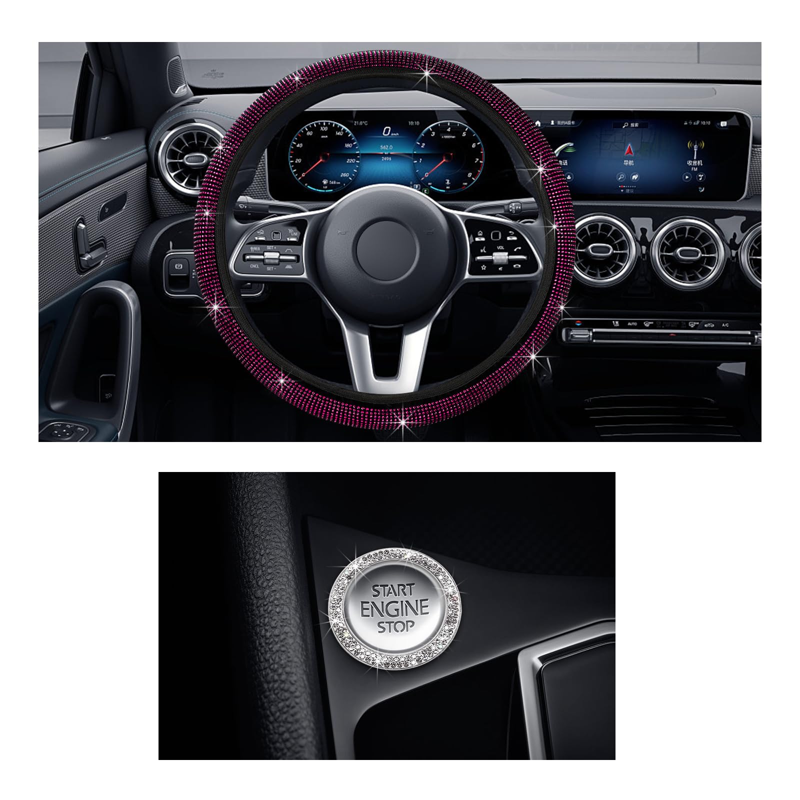 ZicinerBling Car Steering Wheel Cover, Crystal Glitter Rhinestone Wheel Protector for Vehicle, Universal Automotive Interior Decorative Accessories with Start Button Starter Ring (Pink)