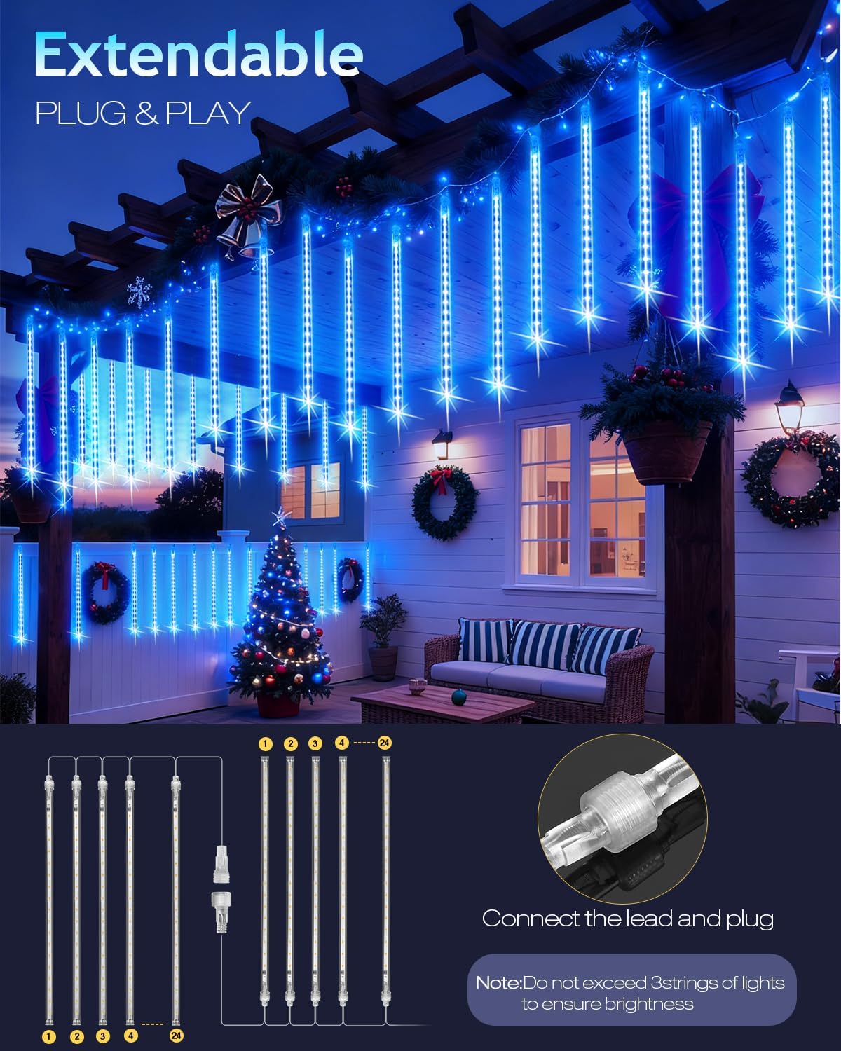Diagram showing how to connect multiple PEMOTech Meteor Shower LED Light strings together.