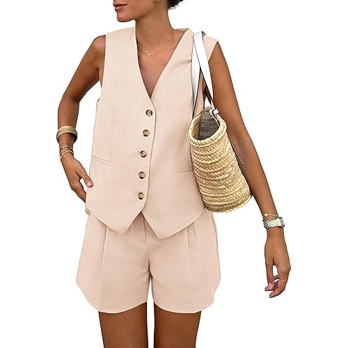 PRETTYGARDEN Women's Summer 2 Piece Outfits Sleeveless Matching Sets Button Down V Neck Vest Waistcoat and Pockets Shorts