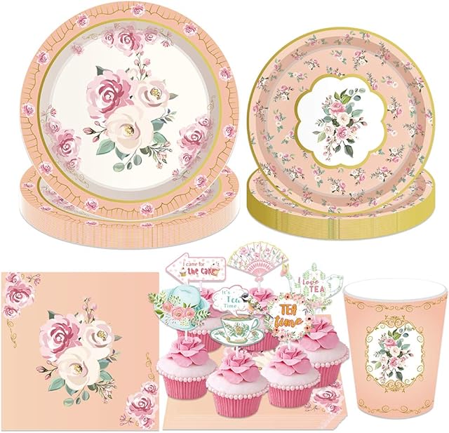 JeVenis Tea Party Supplies Tea Party Plates and Napkins Tea Party Banner Floral Paper Plates and Napkins Tea Party Party Supplies