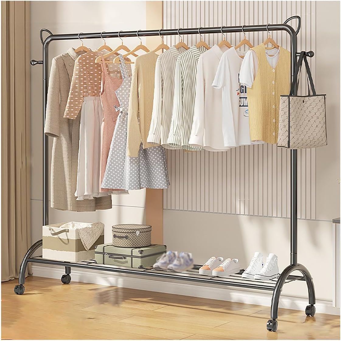 MYUYEE Clothes Rack On Wheels Metal Coat Rack Freestanding For Home Bedroom With 2 Hooks And Open Shelves, Easy To Assemble(150Cm Schwarz-Schwarz)