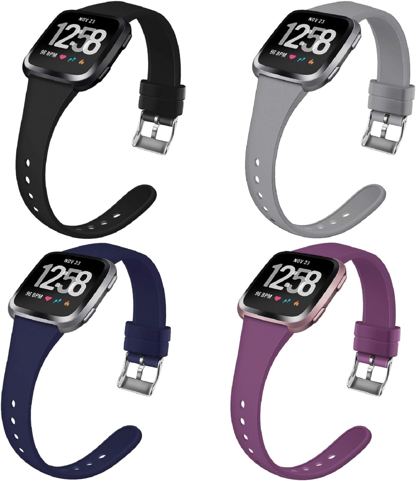4 Packs Bands Compatible with Fitbit Versa/Fitbit Versa 2/Fitbit Versa Lite for Women Men, Narrow Slim Soft Silicone Replacement Wristband for Fitbit Versa Smart Watch with Buckle Design