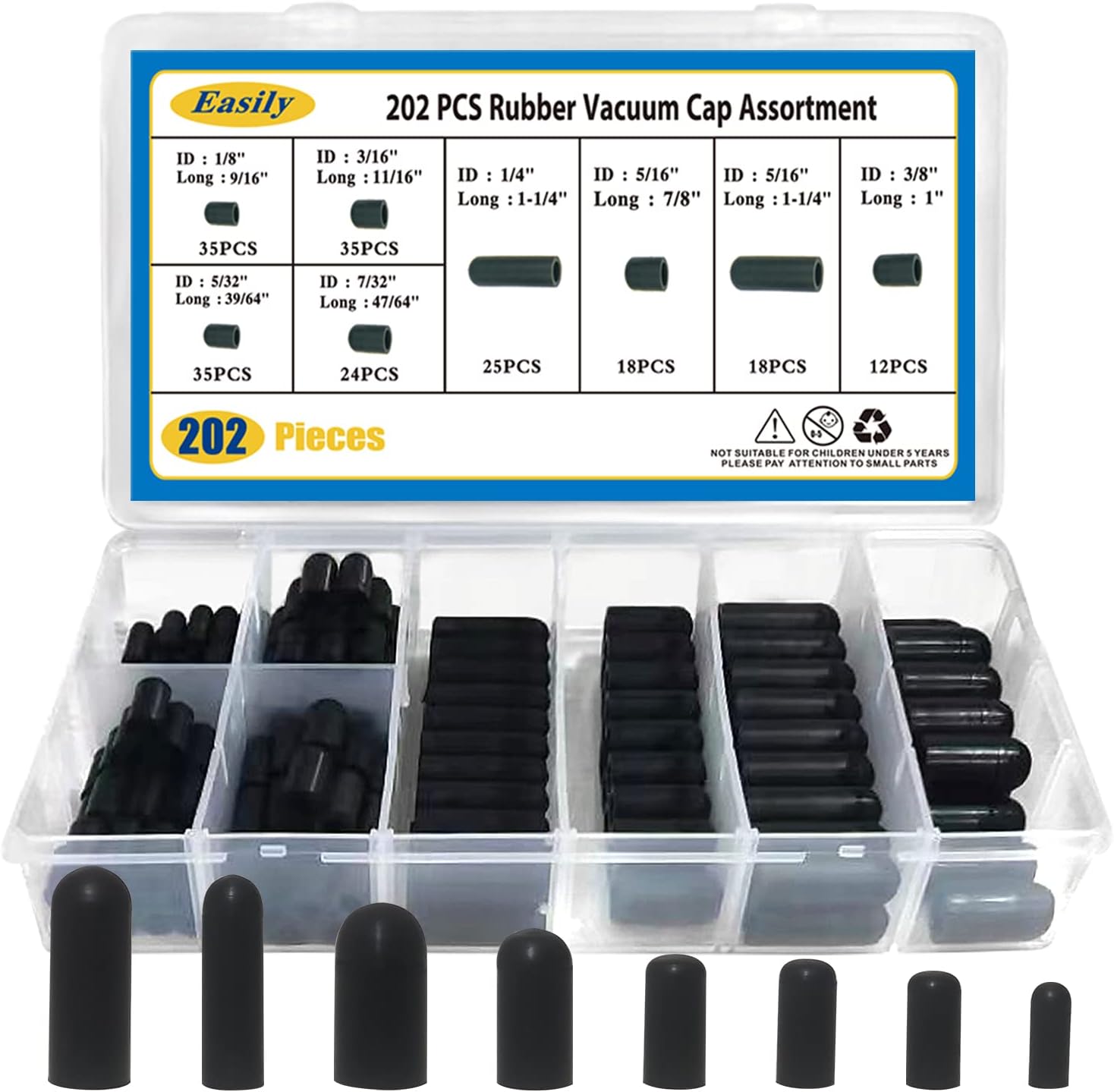 Vacuum Caps Rubber Plug Kit 202 PCS 8 Size Assorted