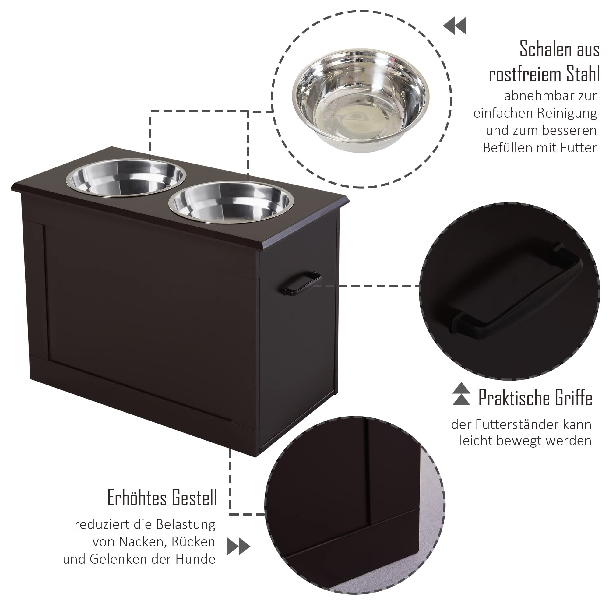 PawHut Erhöhter Hundenapf Futterstation Hunde Katzen 2 x 2000ml Espresso | Staumraum, Futternapf, Wassernapf, Edelstahlnäpfen, Hundenäpfe, Fressnapf