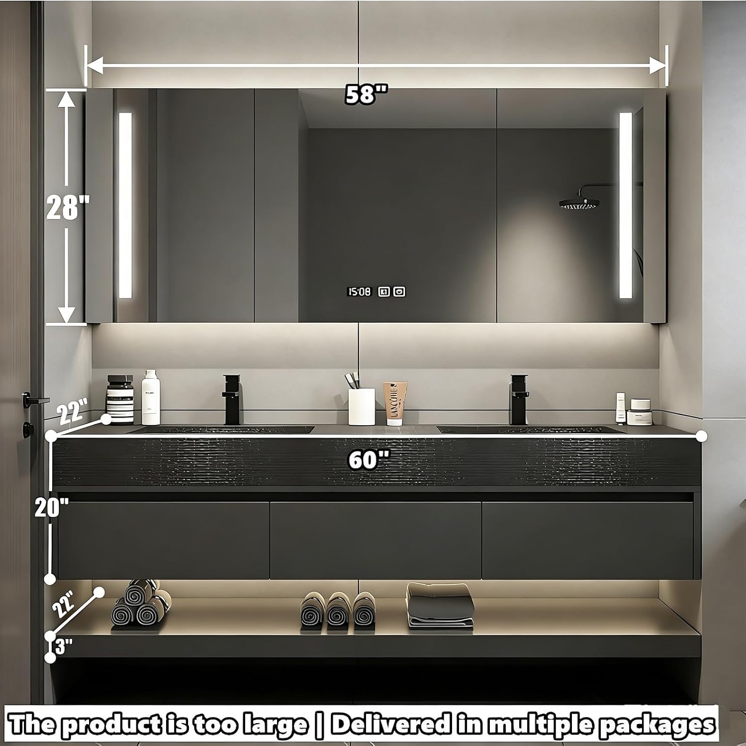 Bathroom Vanity with Sink - Floating Bathroom Vanity Set | Includes LED Intelligent defogging Cabinet | Multi Layer Solid Wood Material | Wall Mounted (Double Sink,72)