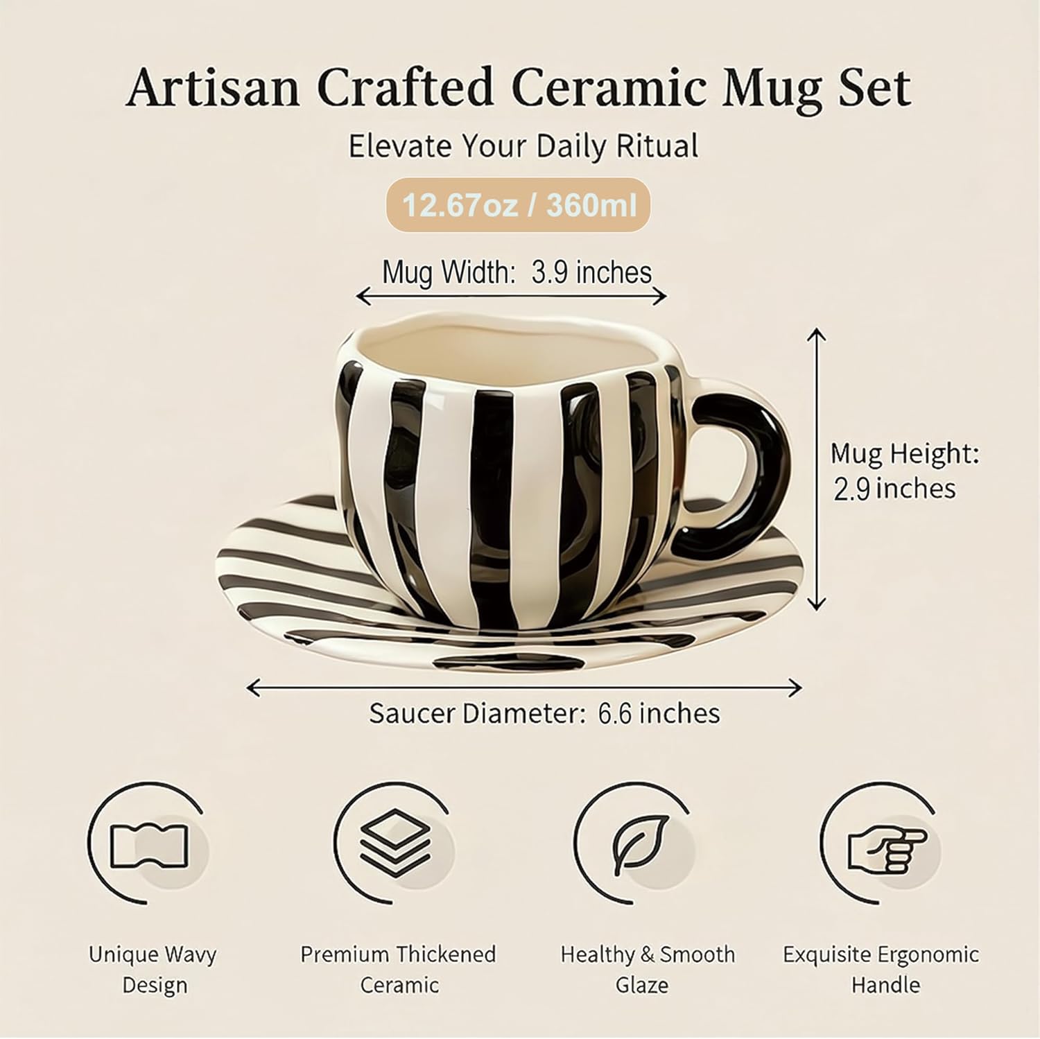 Retro 12oz Cappuccino Coffee Mug with Saucer, Black and White Stripe Latte Art Mug & Tea Cup and Saucers, Cute Ceramic Mug Set for Cafe, Home, Office