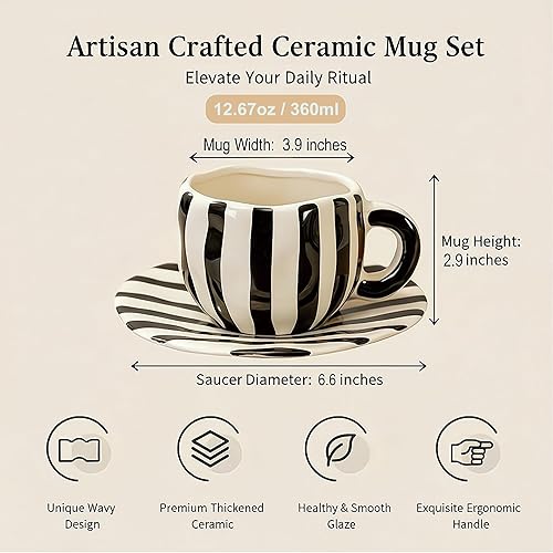 Miniatura 2 de Tazas de café retro grandes de capuchino, 12 oz/12.2 fl oz con rayas blancas y negras, taza de té y platillos, juego de tazas de cerámica para café,