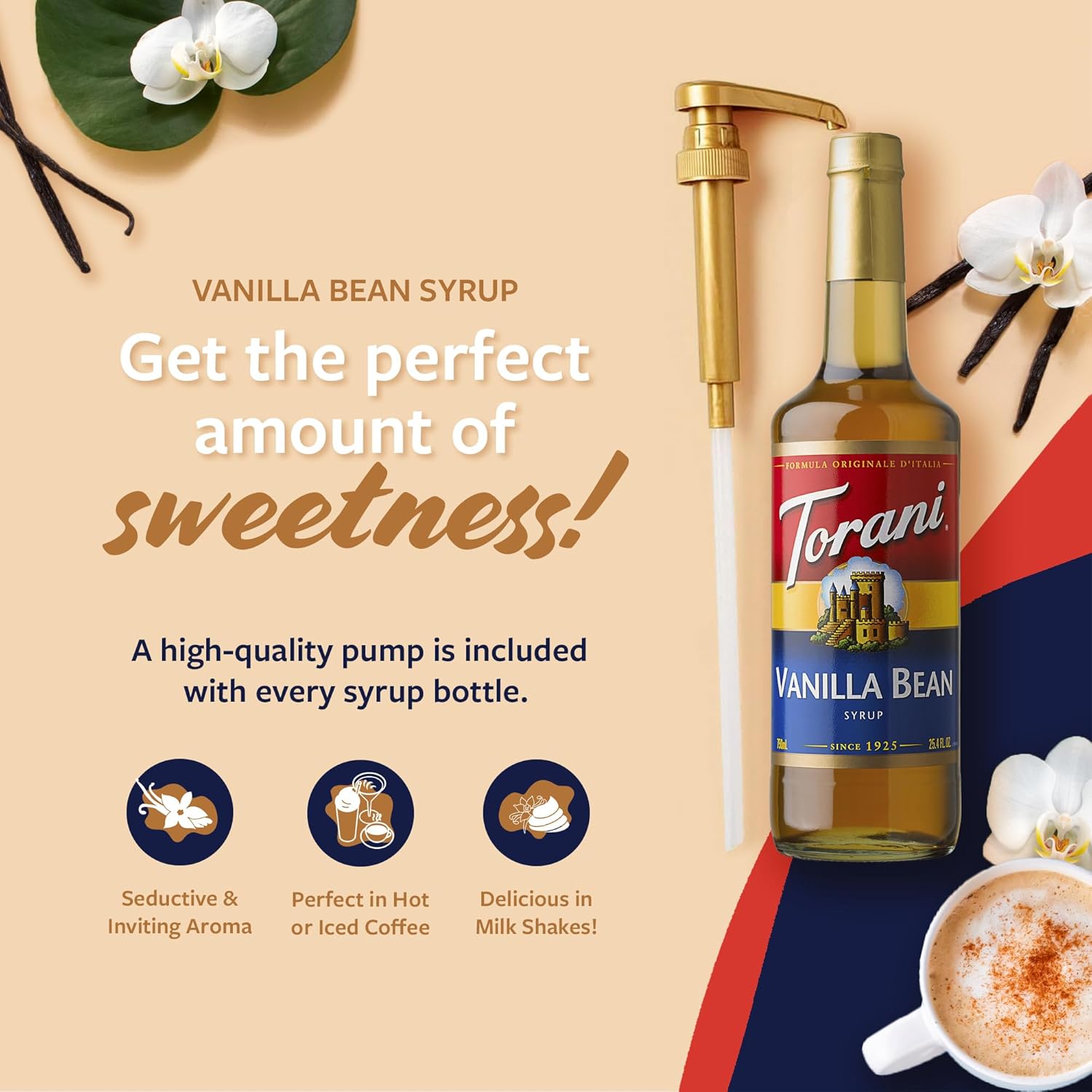 Torani Vanilla Bean Coffee Syrup for Drinks & Desserts, Glass Bottle 4-Pack, Pumps Included, 25.4 Fl Oz Ea