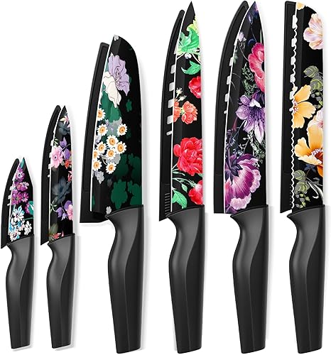 Astercook Juego de cuchillos de cocina de flores de 12 piezas con protectores de cuchillas, apto para lavavajillas, acero inoxidable alemán de alto