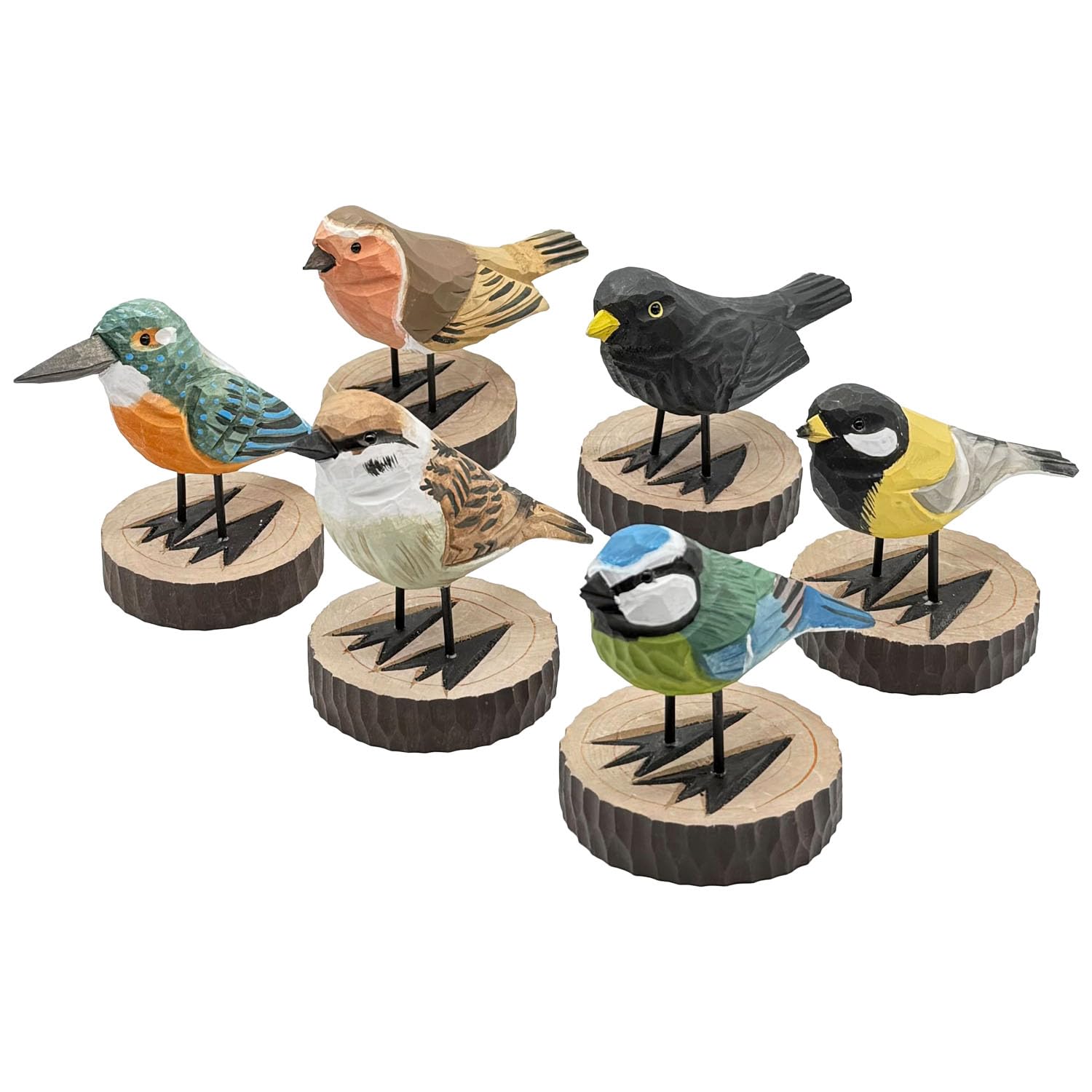 Uccello decorativo in legno su base Set di 6 uccelli da giardino fatti a mano, 12 x 10 cm