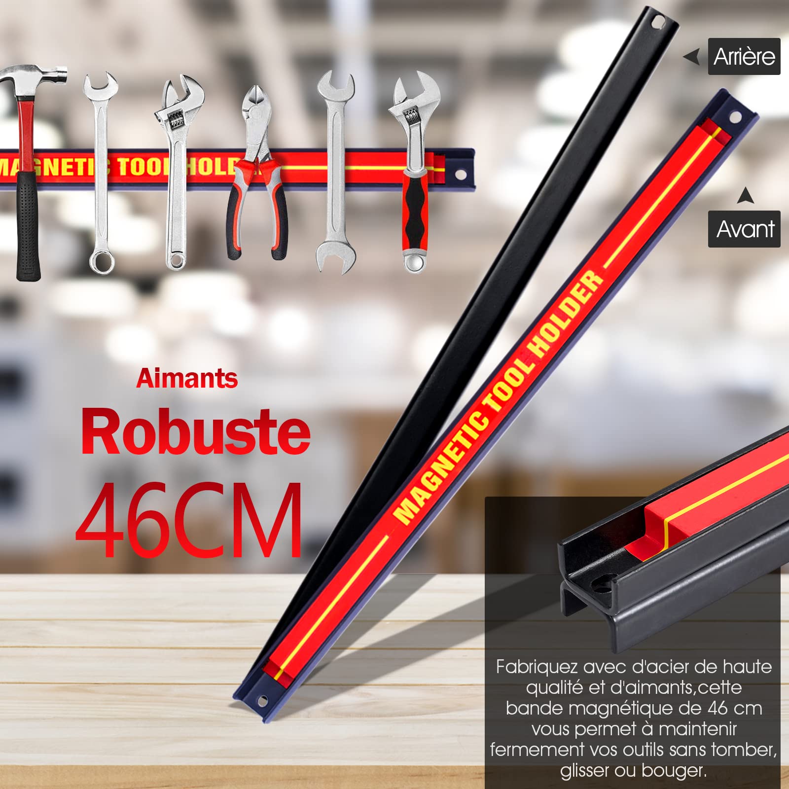 GYMAX Lot de 6 Barres Magnétiques 46 CM Capacité de Charge de 10 KG pour Outils, Porte-Outils Mural en Ferrite, Baguette Aimantée pour Outils, Convient pour Cuisine, Garage, Atelier