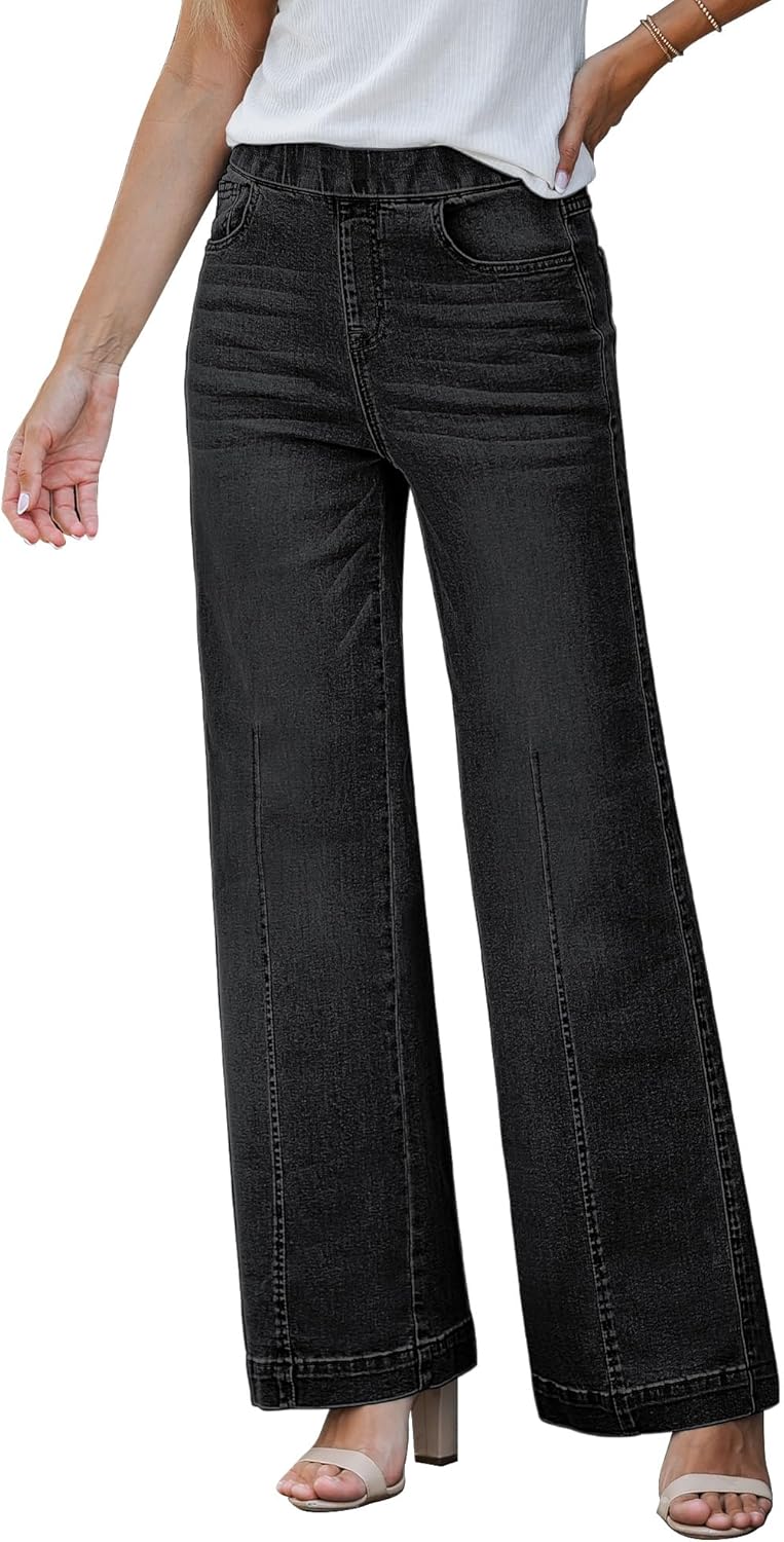 GRAPENT Pull On Womens Jeans Baggy Stretchy High Waisted Denim Wide Leg Trouser Pants Trendy Front Seam 90s Loose Jean