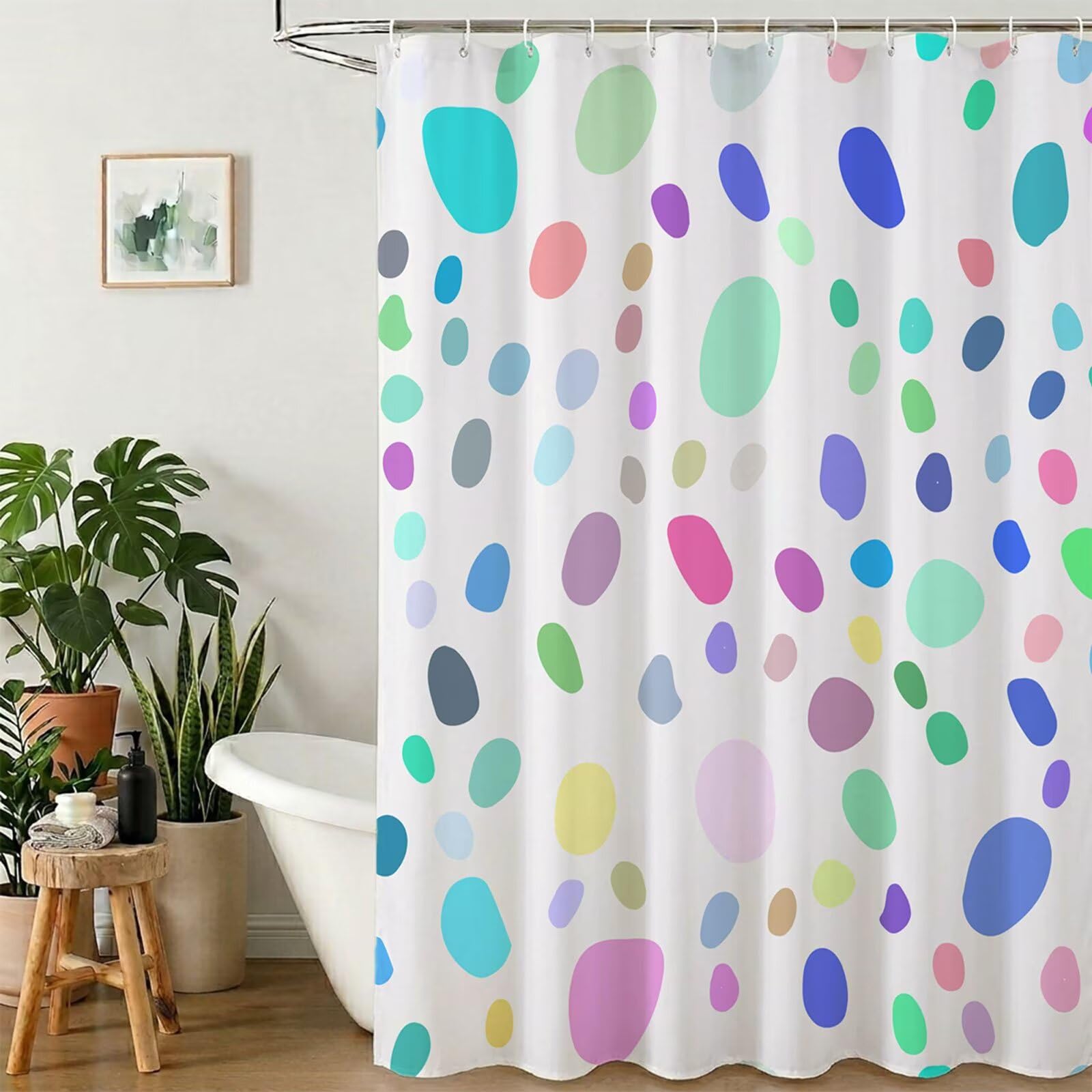 Rideau de Douche 180x220 cm - Tissu Polyester Imperméable Anti-Moisissure - 12 Anneaux Inclus - Ourlet Lesté pour Stabilité - Lavable en Machine - Idéal de Baignoire et Douche - Coloré & Pois Y1#509