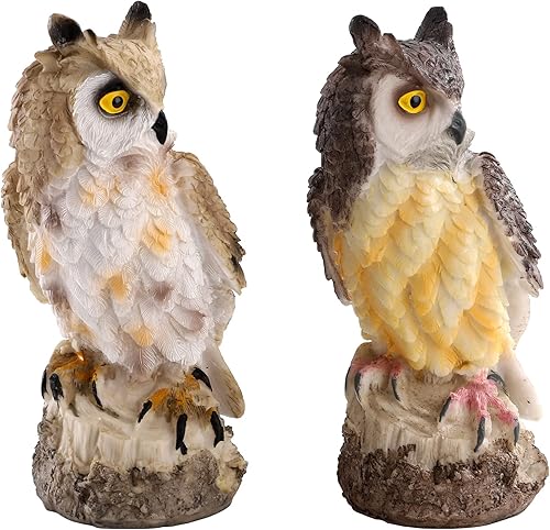 Miniatura 3 de DEAYOU Paquete de 2 estatuas de búho con cuernos falsos, escultura de búho de resina pequeña de 7 pulgadas de alto, figuras de búhos artificiales