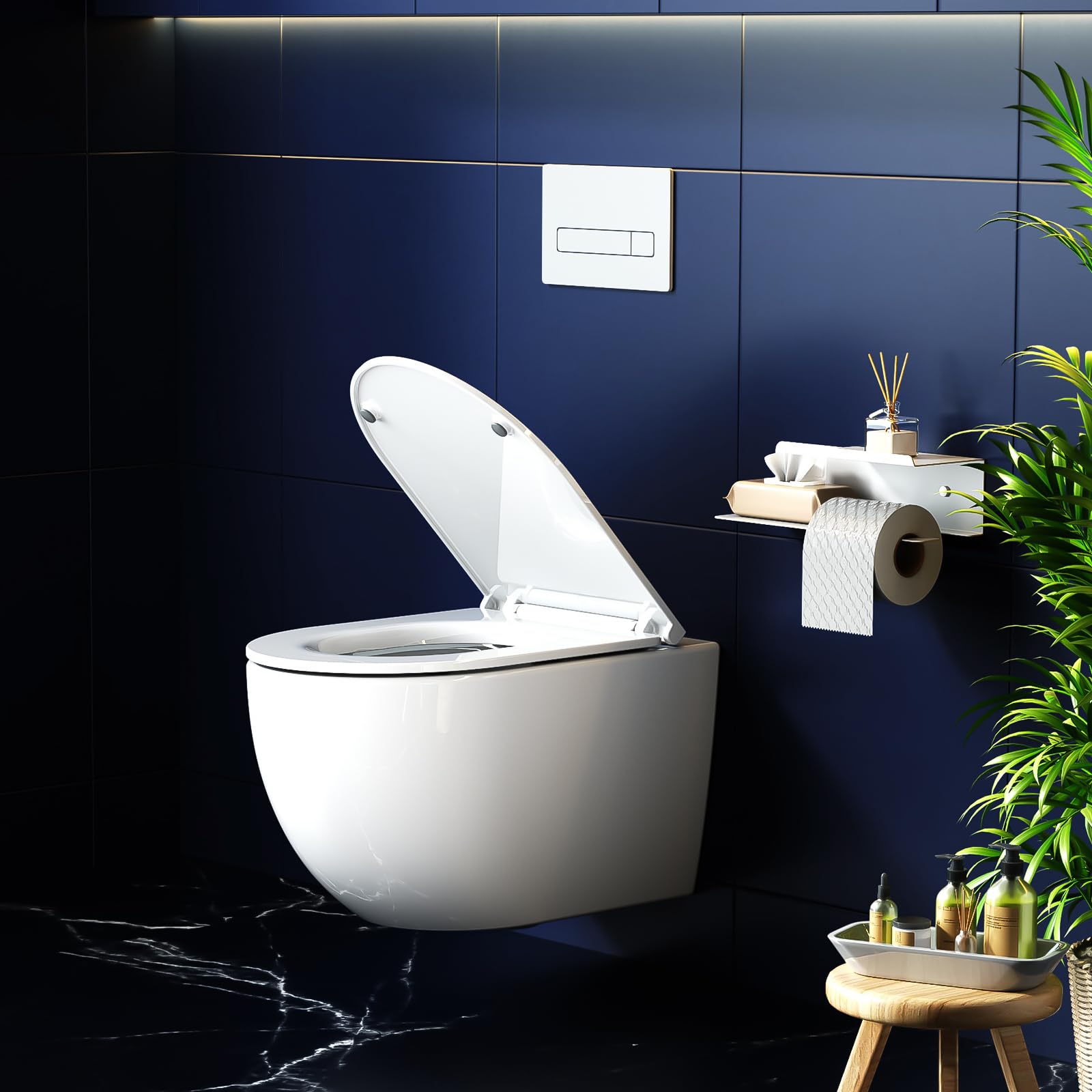 Rainsworth WC suspendu sans bord – Cuvette murale à 360° Superspin – Cuvette et abattant de WC avec système d'abaissement automatique – Blanc