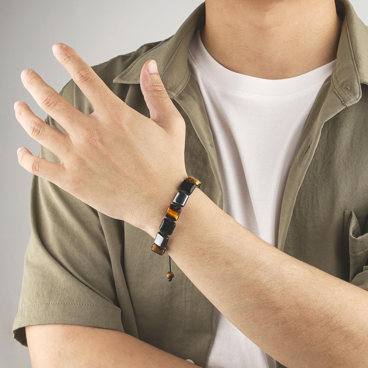 Square Natural Stone Unisex Adjustable Bracelet - Handmade with Natural Stons - Square Healing Crystal Bead Bracelet - Image 4