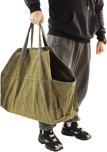 Miniatura 5 de belupai Bolsa de lona encerada para leña, bolsa grande de leña para chimenea, accesorios para estufa de leña, resistente a los arañazos, bolsa de