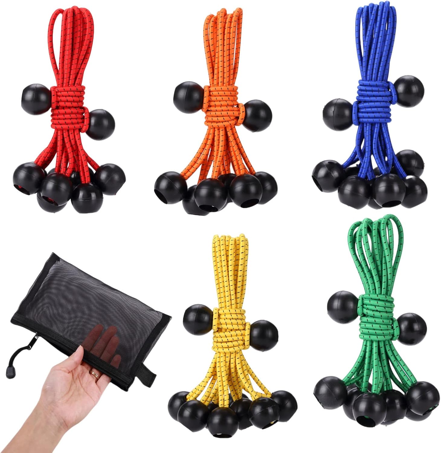 Ball Bungee Cords 6in,60 PCS Tarp Bungee with Balls, Mix Colors Heavy Duty Canopy Tarp Tie Cords, Rubber UV Resistant Bungee Balls for Tent Poles Camping Shelter Projector Screen Cargo