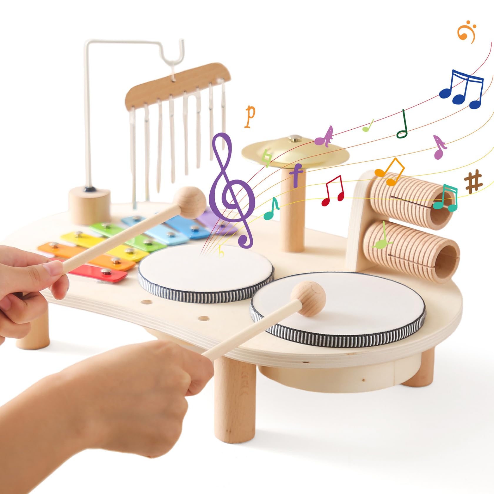 Kinder-Schlagzeug-Set, 5-in-1, hölzernes Kleinkind-Schlagzeug, pädagogische Kindermusikinstrumente, babysichere Perkussion